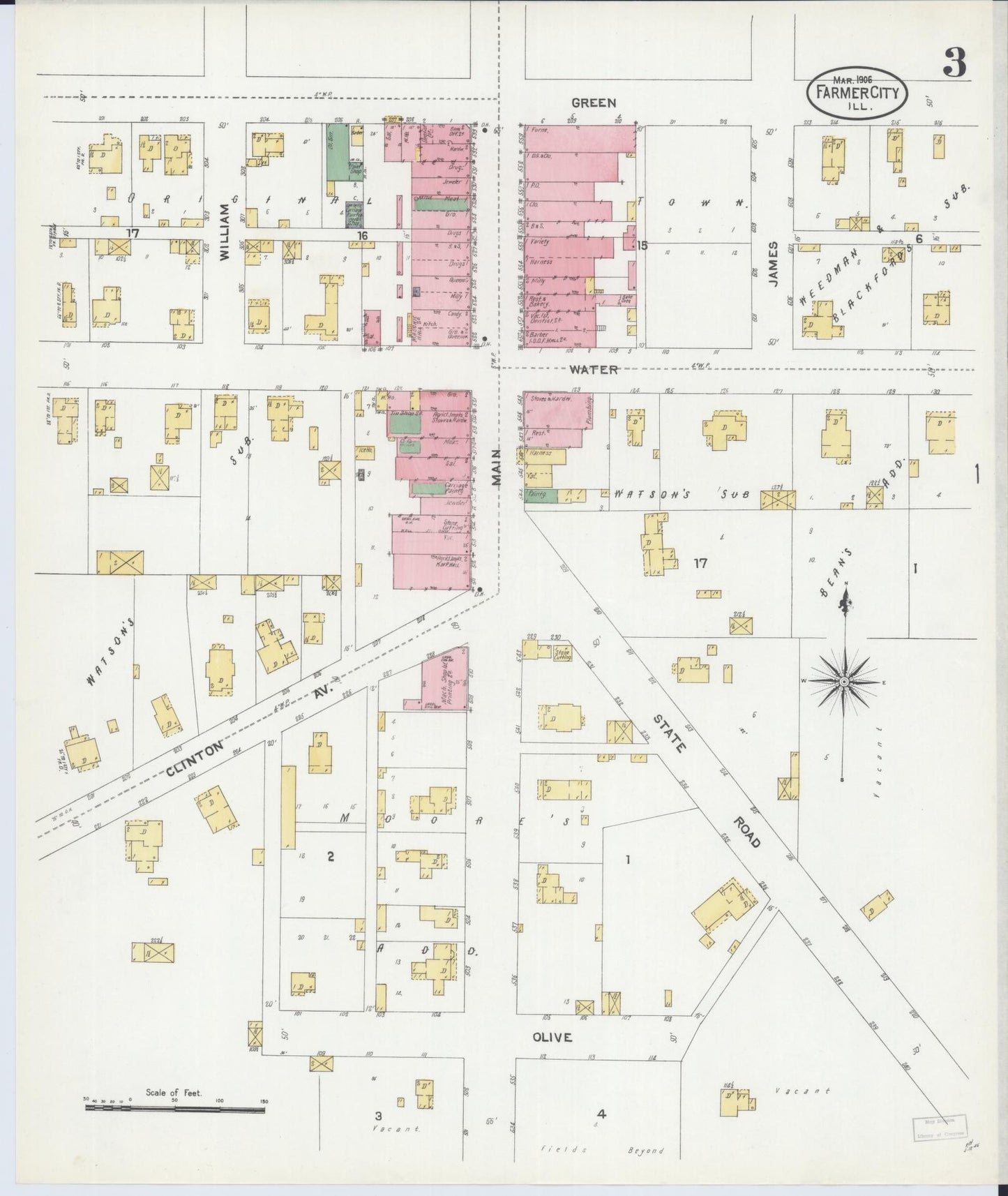 Sanborn Fire Insurance Map from Farmer City, De Witt County, Illinois (1906), Sheet #0003 - Historic Sanborn Fire Insurance Map Print, vintage old map wall art, antique decor, genealogy gift, Illinois Illinois map