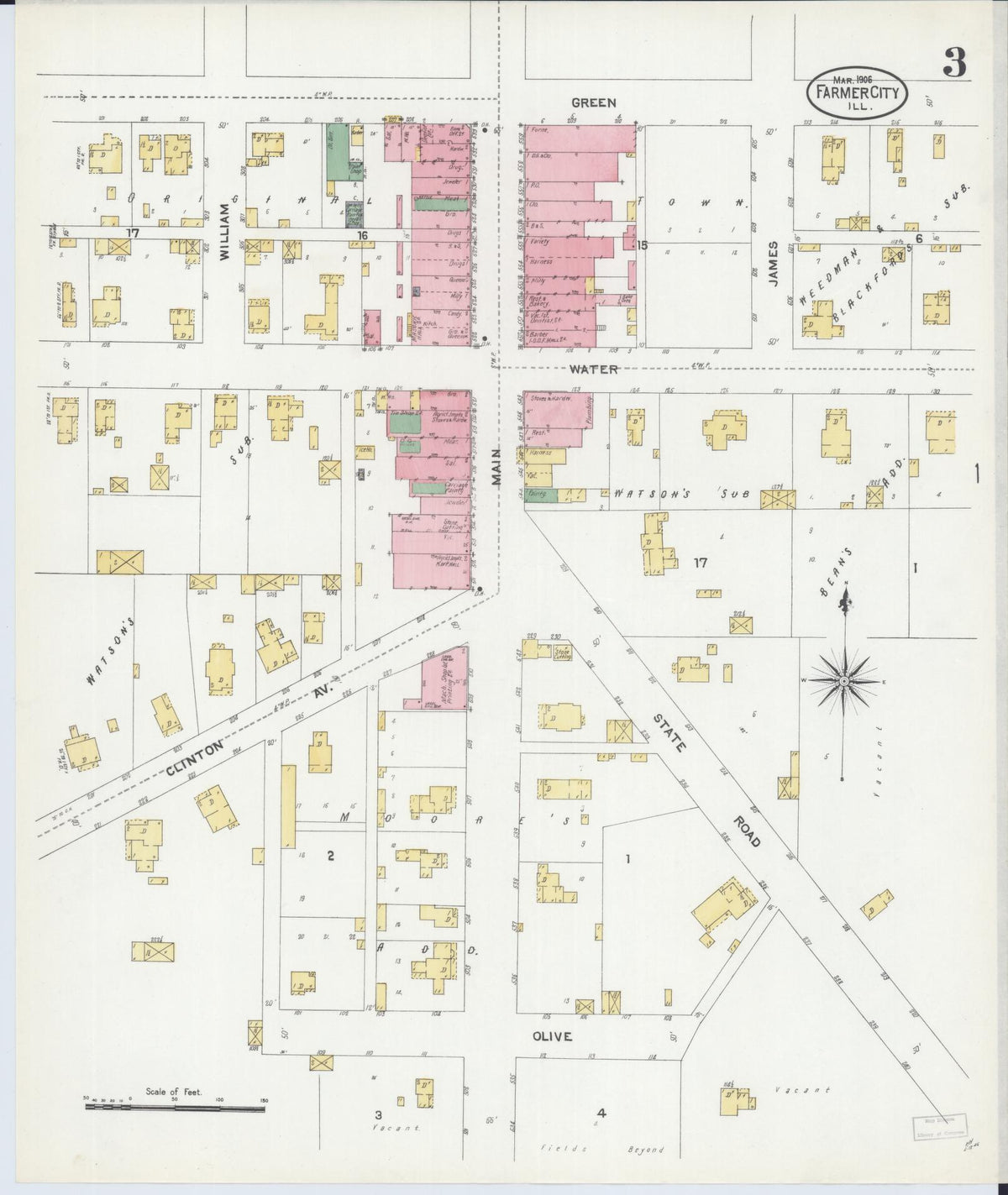 Sanborn Fire Insurance Map from Farmer City, De Witt County, Illinois (1906), Sheet #0003 - Historic Sanborn Fire Insurance Map Print, vintage old map wall art, antique decor, genealogy gift, Illinois Illinois map