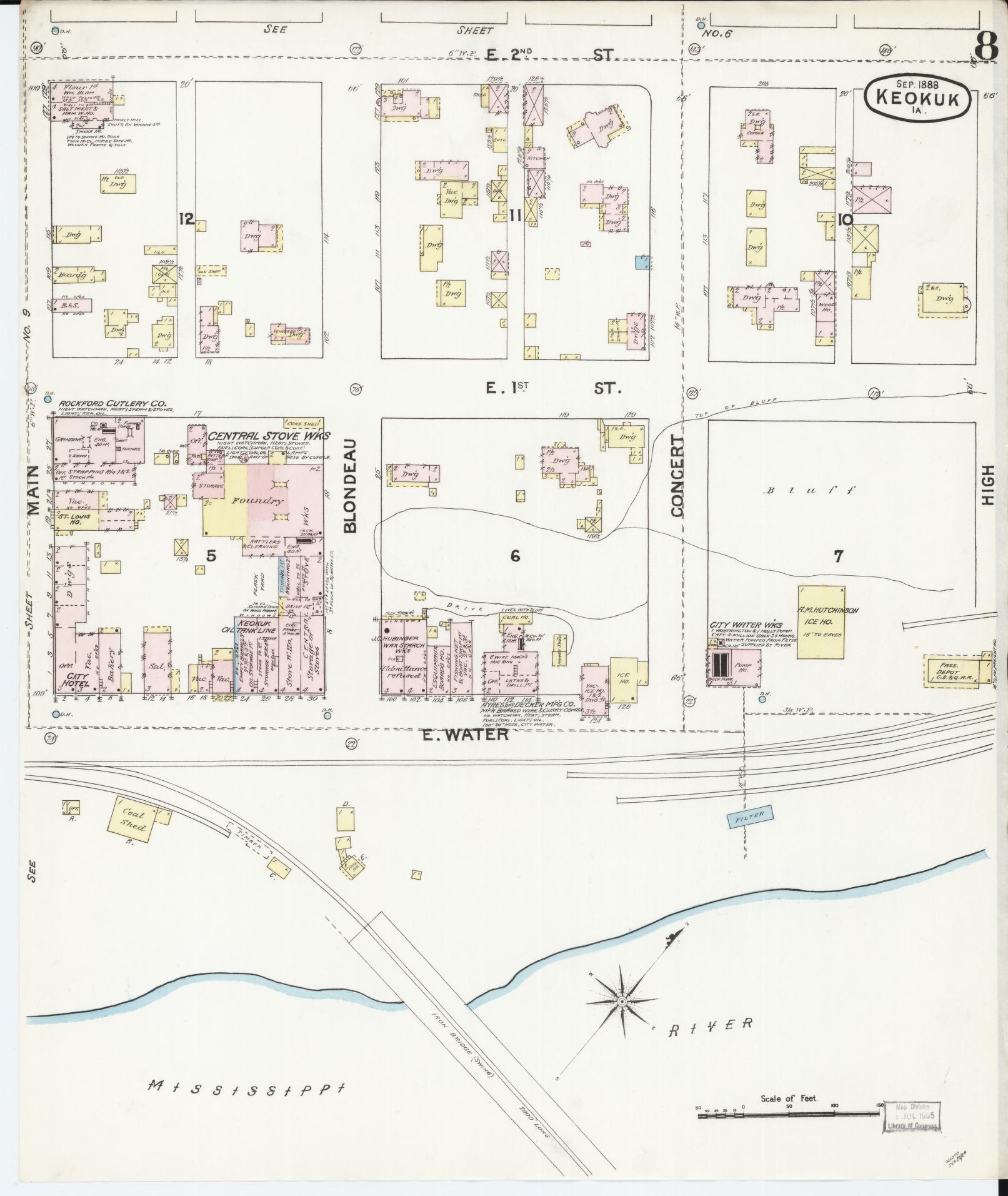 Sanborn Fire Insurance Map from Keokuk, Lee County, Iowa (1888), Sheet #0008 - Historic Sanborn Fire Insurance Map Print, vintage old map wall art