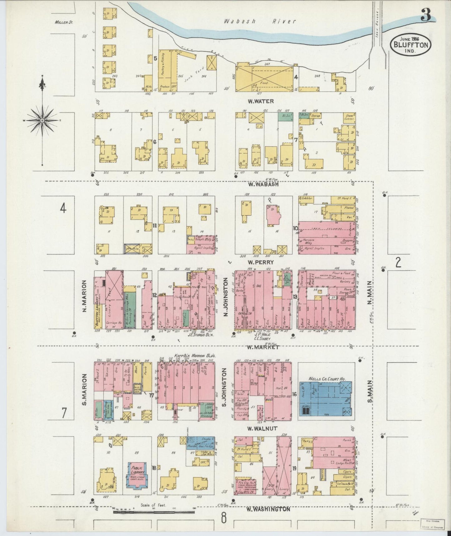 Sanborn Fire Insurance Map from Bluffton, Wells County, Indiana (1906), Sheet #0003 - Complete Map Set gallery image, historic Sanborn map, vintage wall art, Indiana Indiana