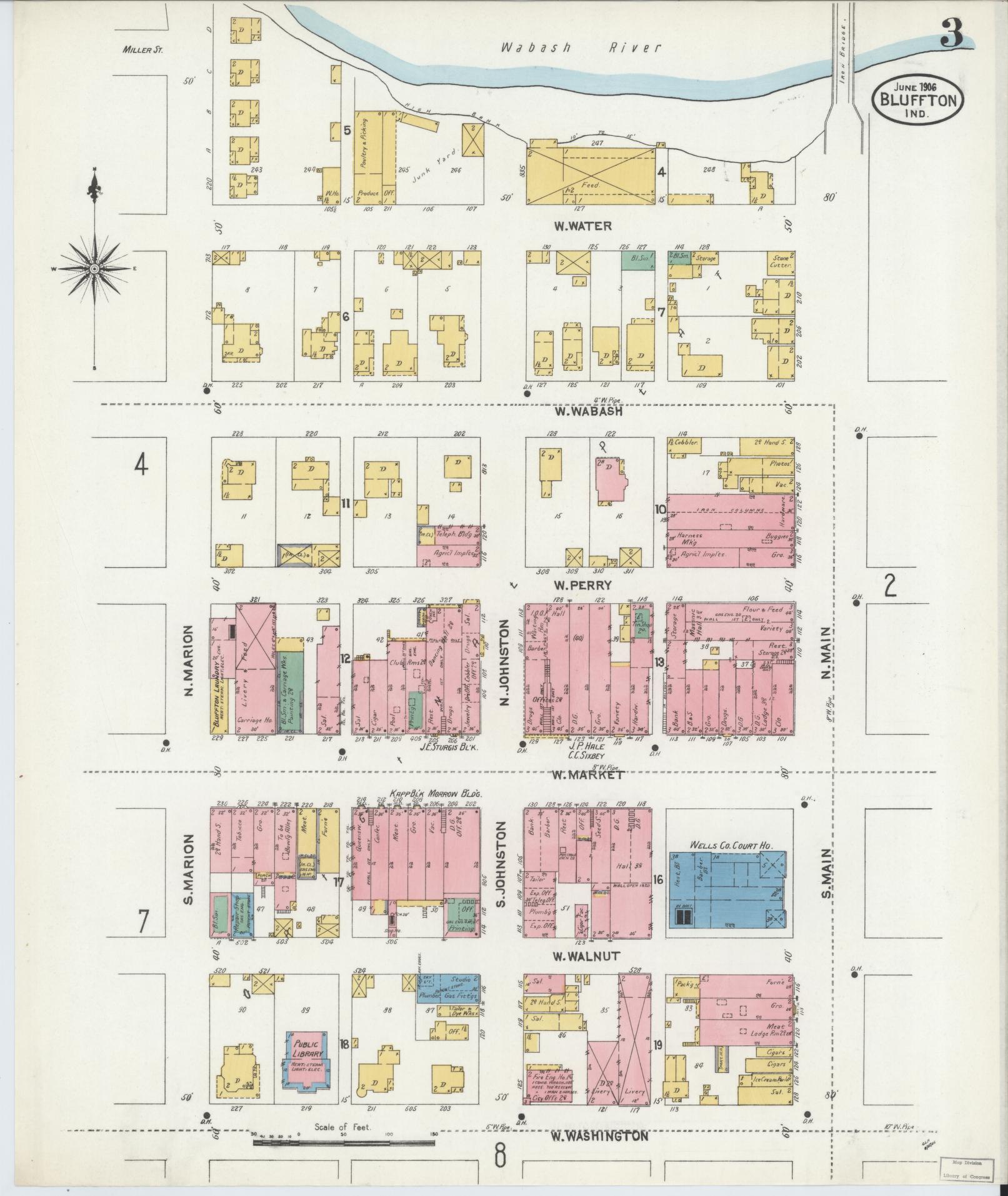 Sanborn Fire Insurance Map from Bluffton, Wells County, Indiana (1906), Sheet #0003 - Complete Map Set gallery image, historic Sanborn map, vintage wall art, Indiana Indiana