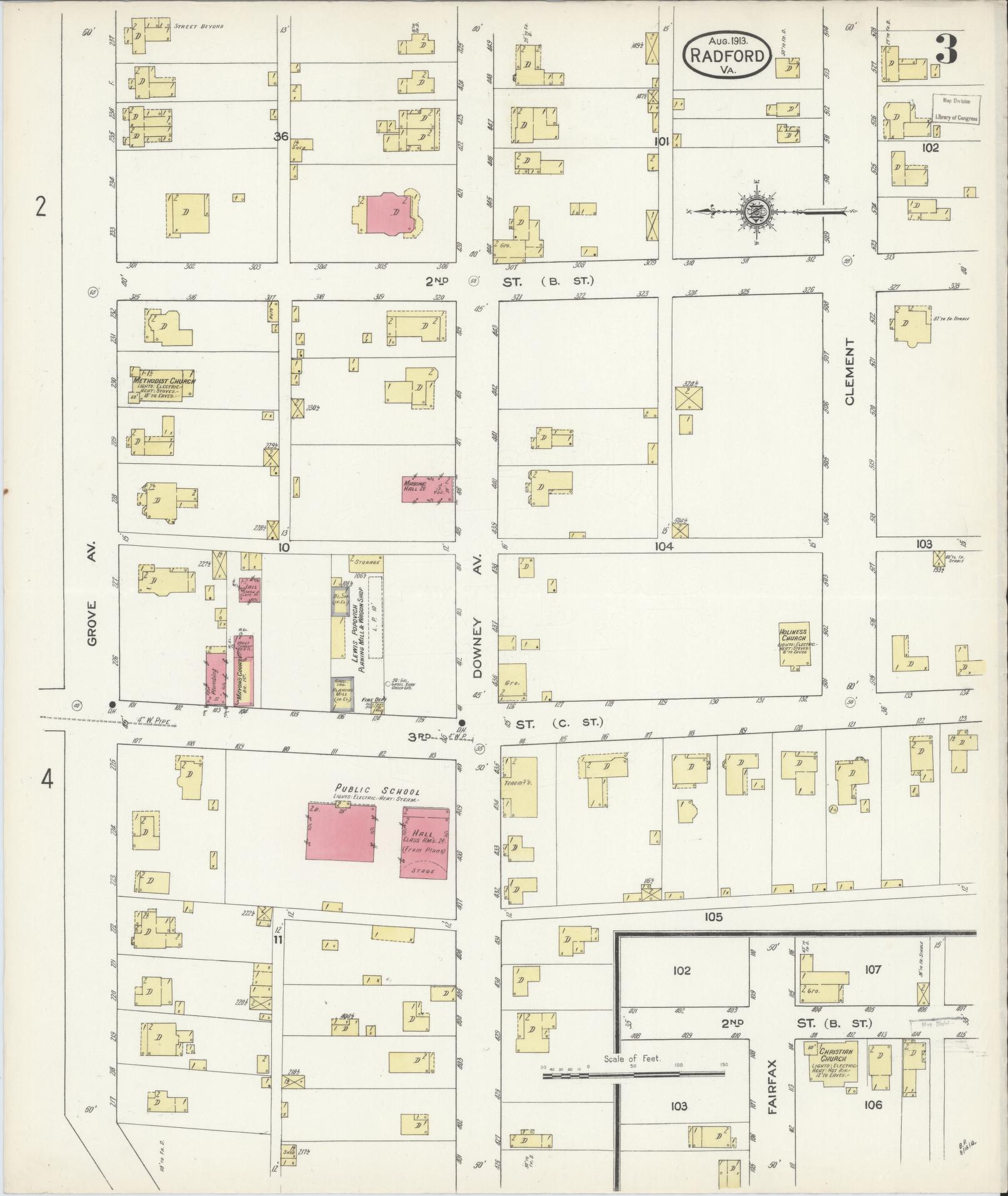 Sanborn Fire Insurance Map from Radford, Independent Cities, Virginia (1913), Sheet #0003 - Complete Map Set gallery image, historic Sanborn map, vintage wall art, Virginia Virginia