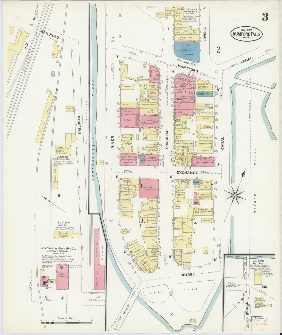 Sanborn Fire Insurance Map from Rumford Falls, Oxford County, Maine (1907), Sheet #0003 - Complete Map Set gallery image, historic Sanborn map, vintage wall art, Maine Maine