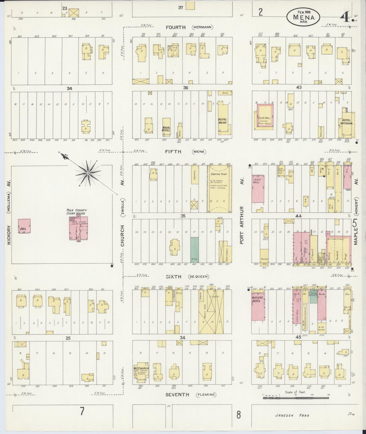 Sanborn Fire Insurance Map from Mena, Polk County, Arkansas (1908), Sheet #0004 - Historic Sanborn Fire Insurance Map Print, vintage old map wall art, antique decor, genealogy gift, Arkansas Arkansas map