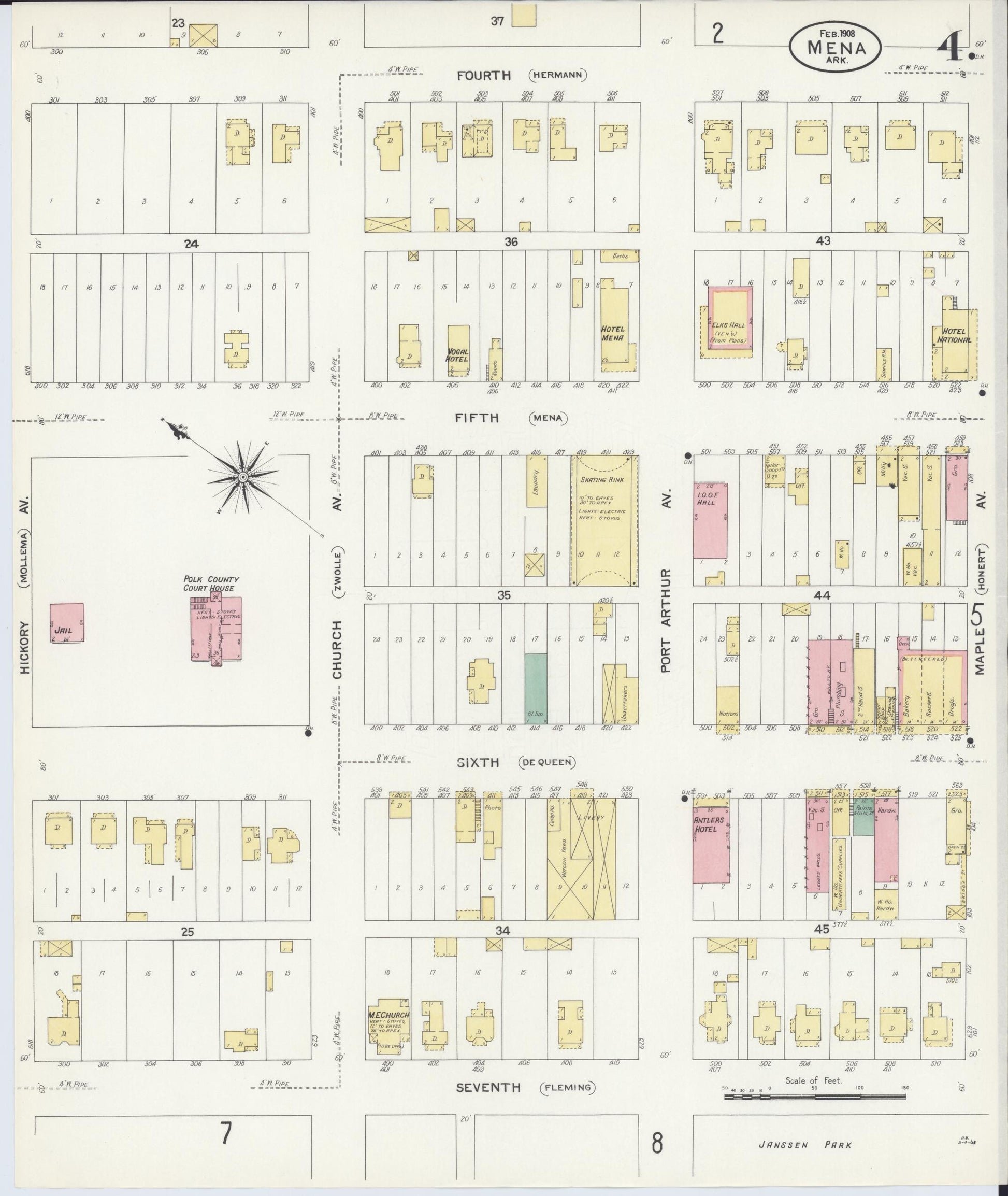 Sanborn Fire Insurance Map from Mena, Polk County, Arkansas (1908), Sheet #0004 - Historic Sanborn Fire Insurance Map Print, vintage old map wall art, antique decor, genealogy gift, Arkansas Arkansas map