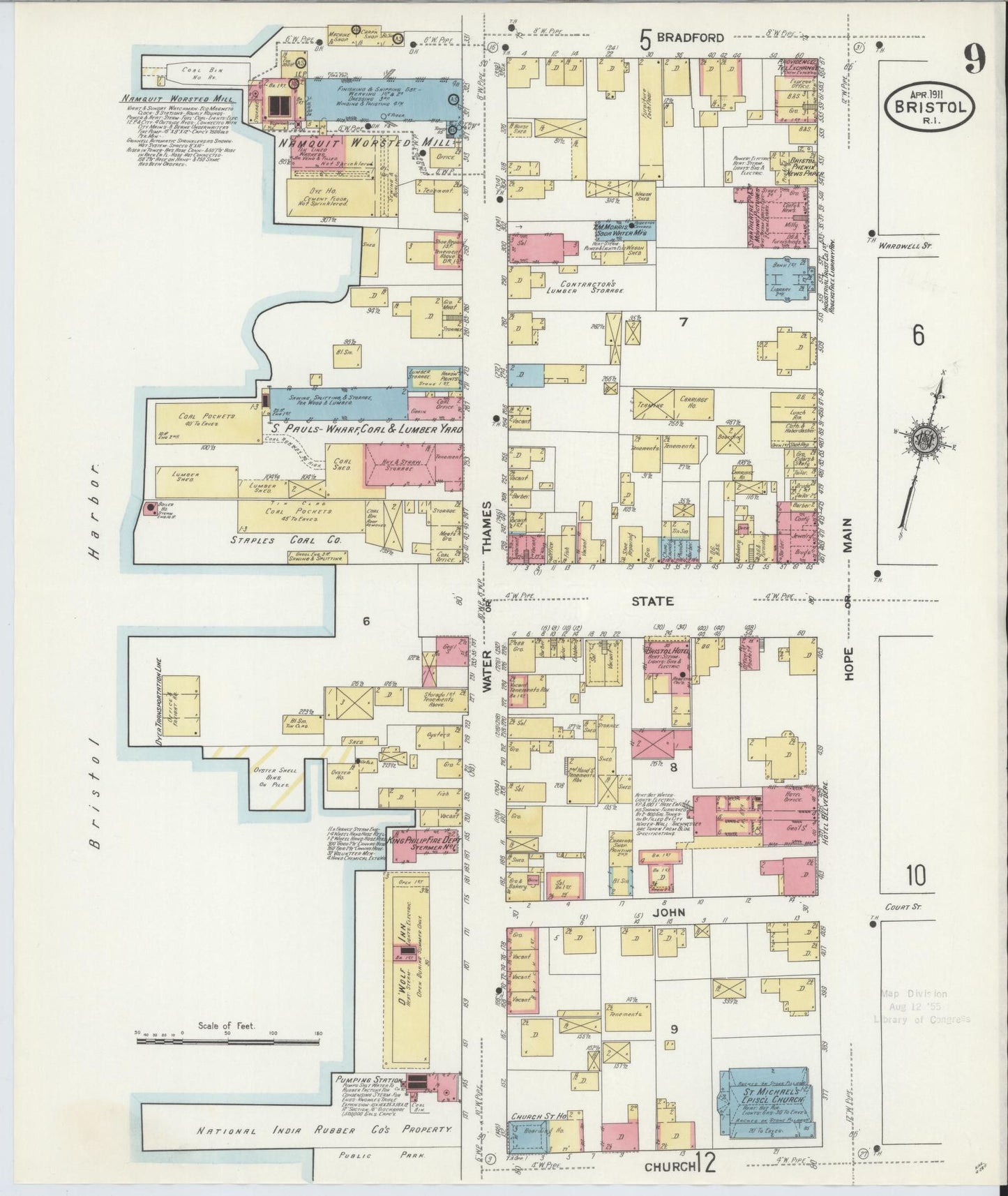 Sanborn Fire Insurance Map from Bristol, Bristol County, Rhode Island (1911), Sheet #0009 - Historic Sanborn Fire Insurance Map Print, vintage old map wall art, antique decor, genealogy gift, Rhode Island Rhode Island map