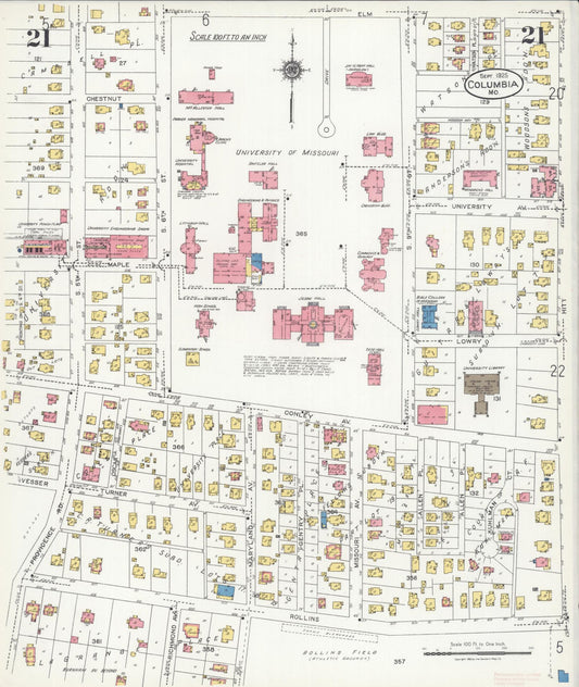Sanborn Fire Insurance Map from Columbia, Boone County, Missouri (1925), Sheet #0021 - Historic Sanborn Fire Insurance Map Print, vintage old map wall art, antique decor, genealogy gift, Missouri Missouri map