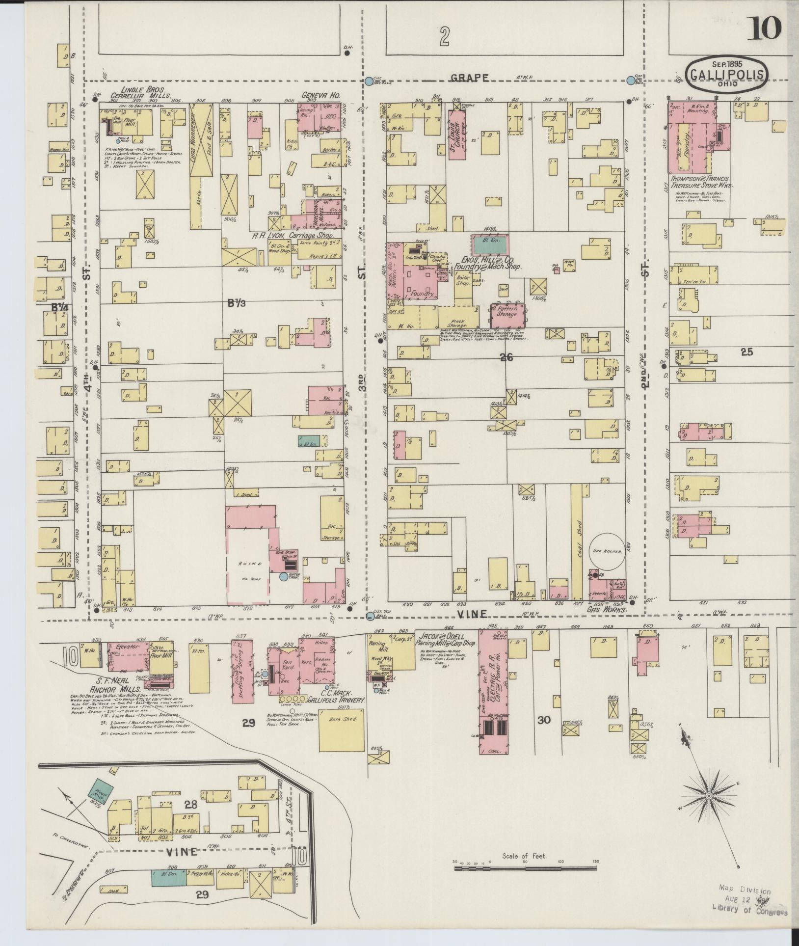 Sanborn Fire Insurance Map from Gallipolis, Gallia County, Ohio (1895), Sheet #0010 - Historic Sanborn Fire Insurance Map Print, vintage old map wall art, antique decor, genealogy gift, Ohio Ohio map