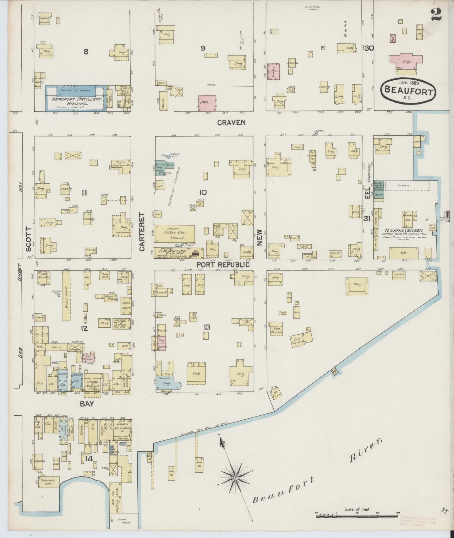 Sanborn Fire Insurance Map from Beaufort, Beaufort County, South Carolina (1889), Sheet #0002 - Complete Map Set gallery image, historic Sanborn map, vintage wall art, South Carolina South Carolina