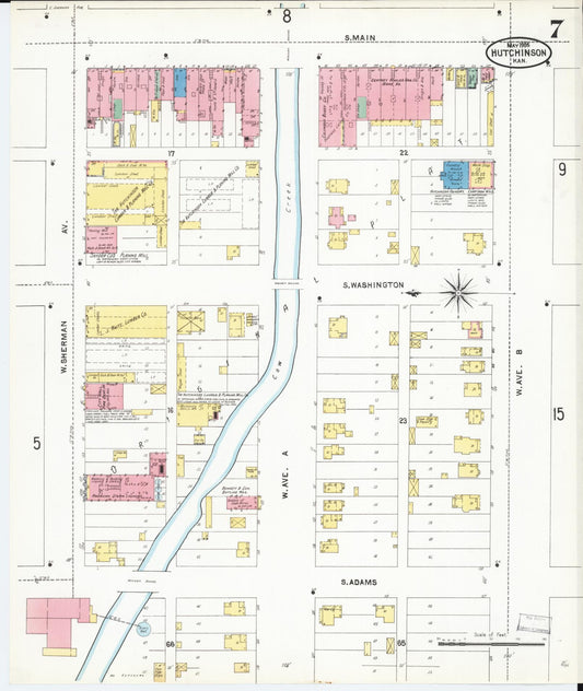 Sanborn Fire Insurance Map from Hutchinson, Reno County, Kansas (1905), Sheet #0007 - Historic Sanborn Fire Insurance Map Print, vintage old map wall art, antique decor, genealogy gift, Kansas Kansas map