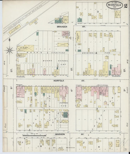 Sanborn Fire Insurance Map from Norfolk, Madison County, Nebraska (1889), Sheet #0002 - Complete Map Set gallery image, historic Sanborn map, vintage wall art, Nebraska Nebraska