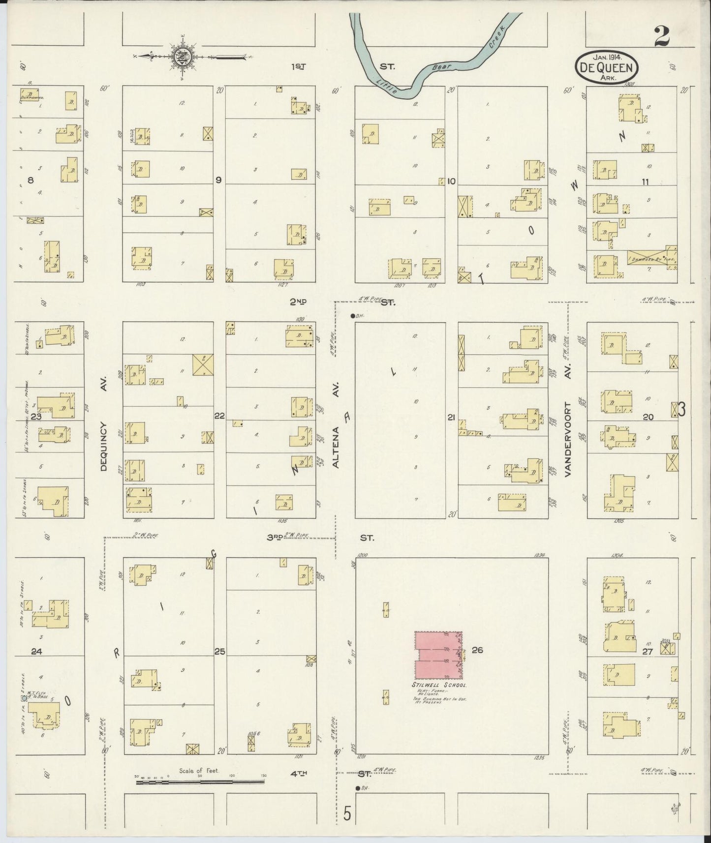 Sanborn Fire Insurance Map from De Queen, Sevier County, Arkansas (1914), Sheet #0002 - Historic Sanborn Fire Insurance Map Print, vintage old map wall art, antique decor, genealogy gift, Arkansas Arkansas map