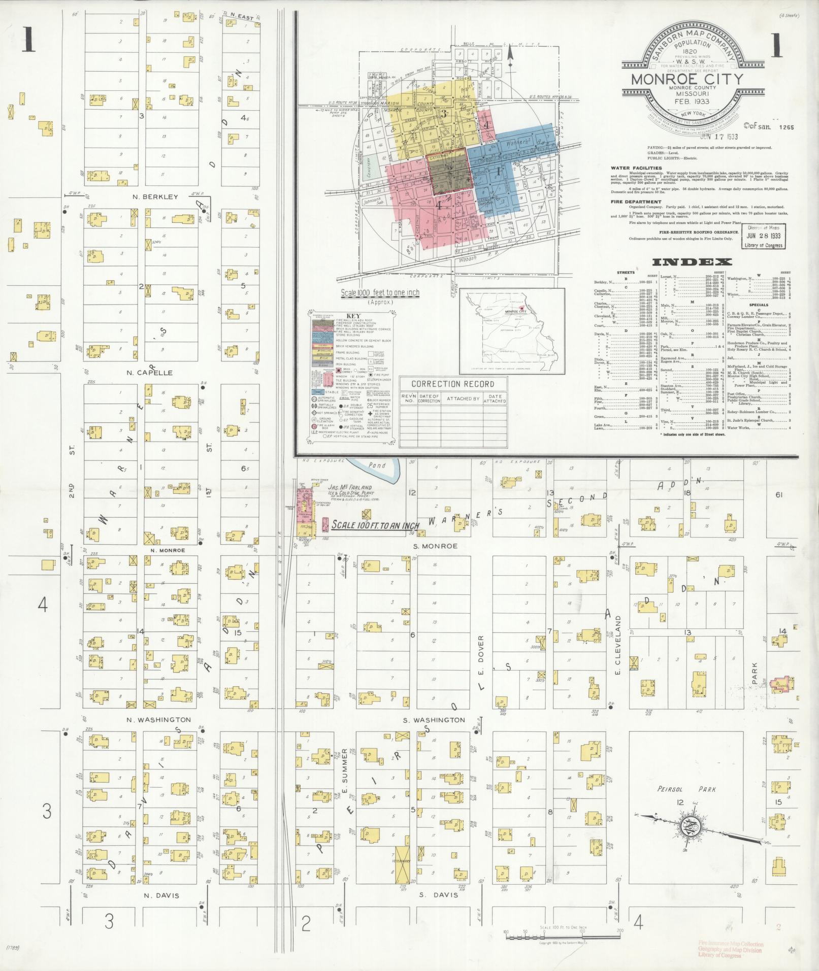 Sanborn Fire Insurance Map from Monroe City, Monroe County, Missouri (1933), Sheet #0001 - Complete Map Set gallery image, historic Sanborn map, vintage wall art, Missouri Missouri