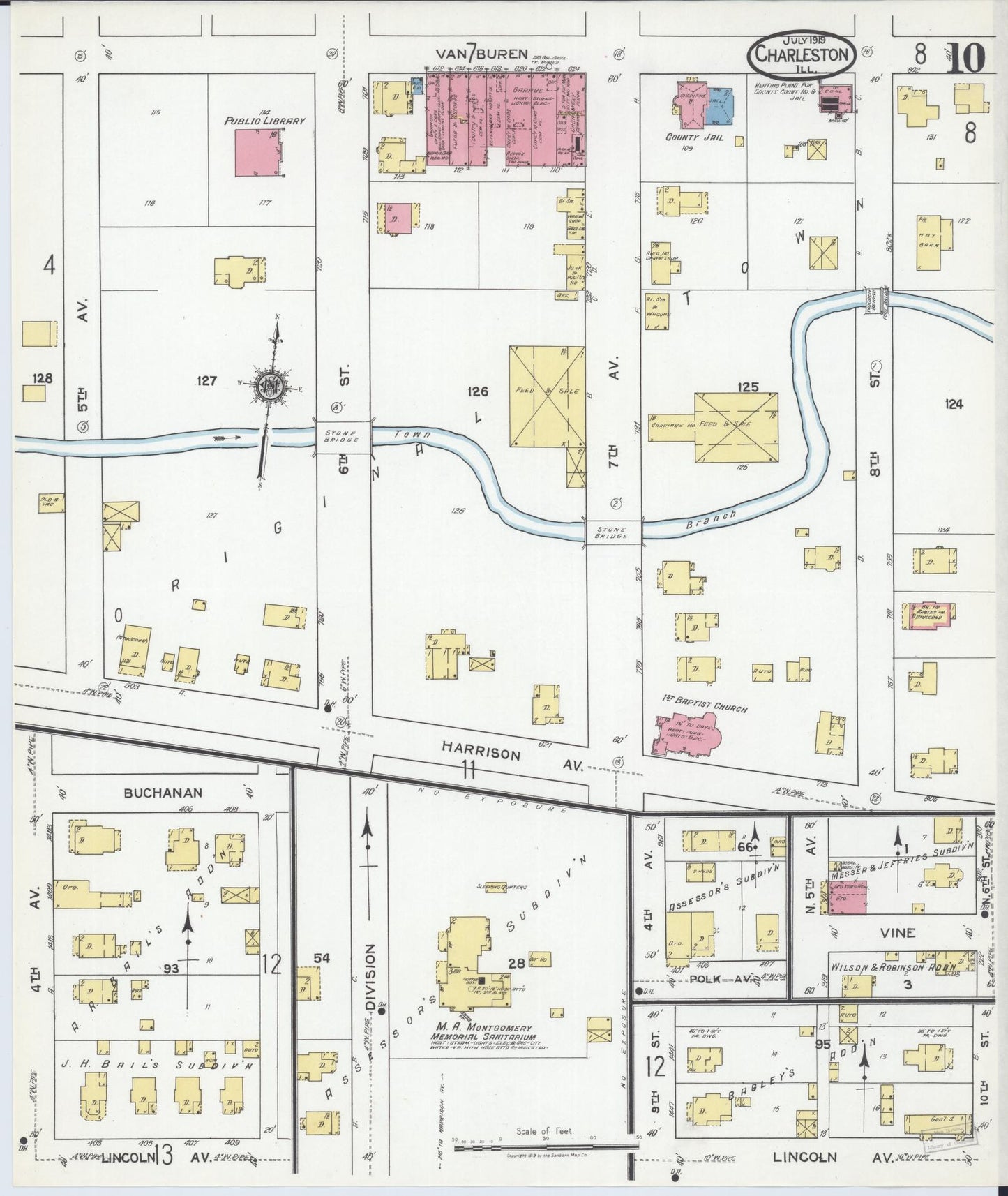 Sanborn Fire Insurance Map from Charleston, Coles County, Illinois (1919), Sheet #0010 - Historic Sanborn Fire Insurance Map Print, vintage old map wall art, antique decor, genealogy gift, Illinois Illinois map
