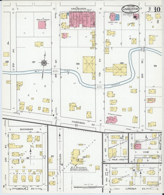 Sanborn Fire Insurance Map from Charleston, Coles County, Illinois (1919), Sheet #0010 - Historic Sanborn Fire Insurance Map Print, vintage old map wall art, antique decor, genealogy gift, Illinois Illinois map