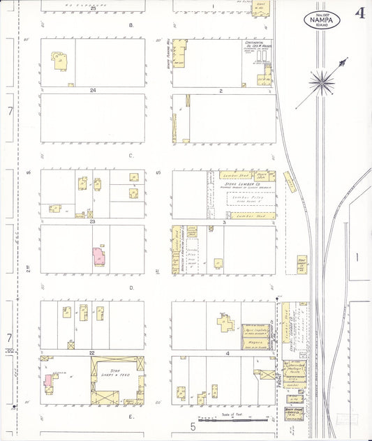 Sanborn Fire Insurance Map from Nampa, Canyon County, Idaho (1907), Sheet #0004 - Historic Sanborn Fire Insurance Map Print, vintage old map wall art, antique decor, genealogy gift, Idaho Idaho map