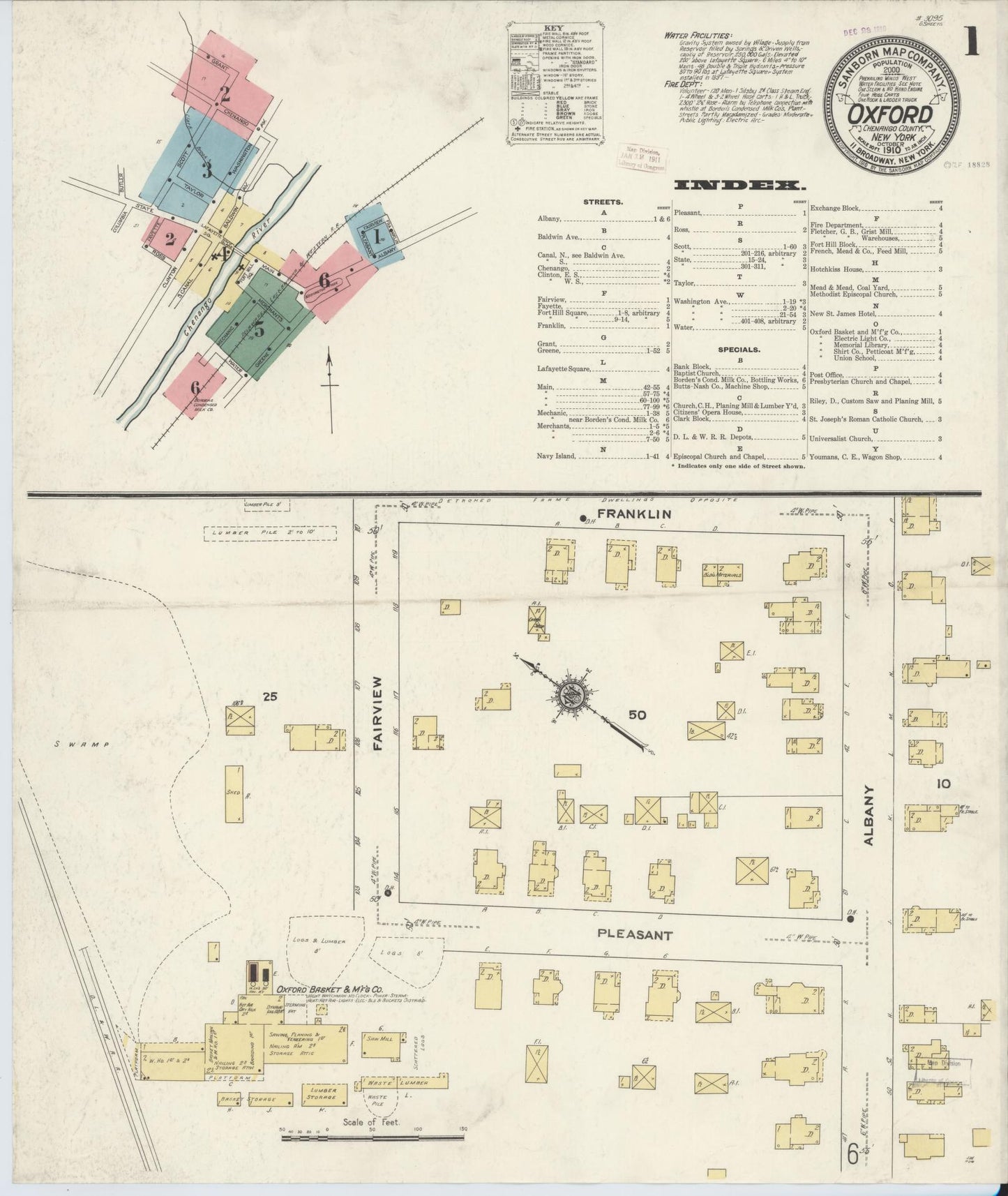 Sanborn Fire Insurance Map from Oxford, Chenango County, New York (1910), Sheet #0001 - Complete Map Set gallery image, historic Sanborn map, vintage wall art, New York New York