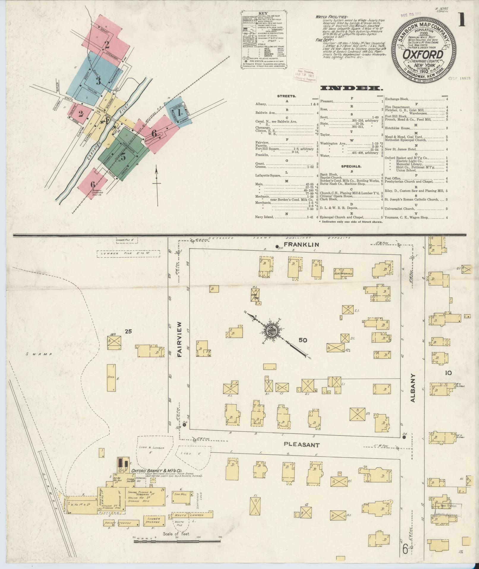 Sanborn Fire Insurance Map from Oxford, Chenango County, New York (1910), Sheet #0001 - Complete Map Set gallery image, historic Sanborn map, vintage wall art, New York New York