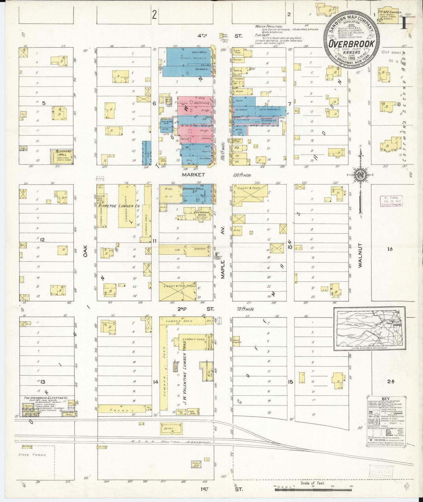 Sanborn Fire Insurance Map from Overbrook, Osage County, Kansas (1913), Sheet #0001 - Complete Map Set gallery image, historic Sanborn map, vintage wall art, Kansas Kansas