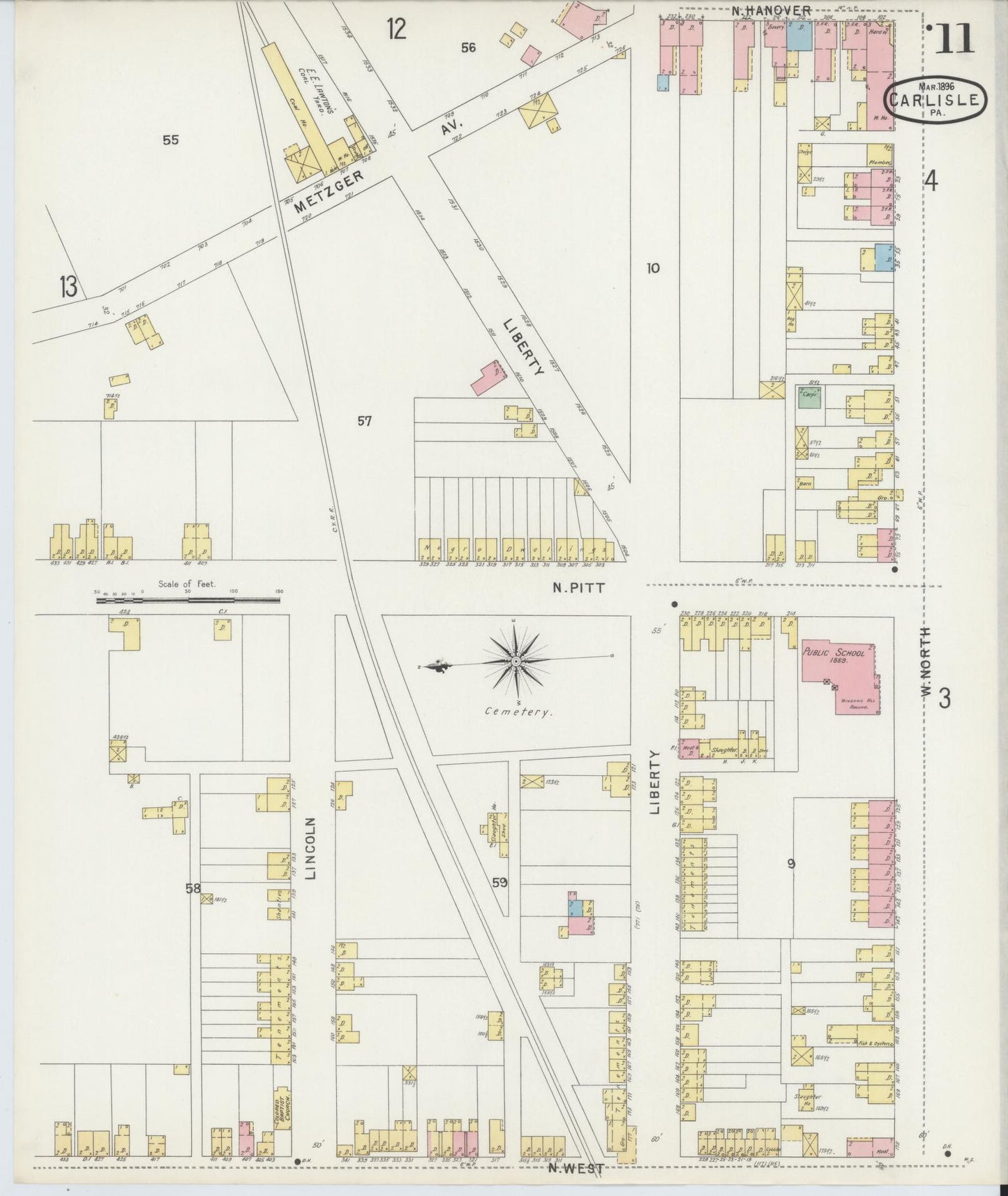 Sanborn Fire Insurance Map from Carlisle, Cumberland County, Pennsylvania (1896), Sheet #0011 - Historic Sanborn Fire Insurance Map Print, vintage old map wall art, antique decor, genealogy gift, Pennsylvania Pennsylvania map