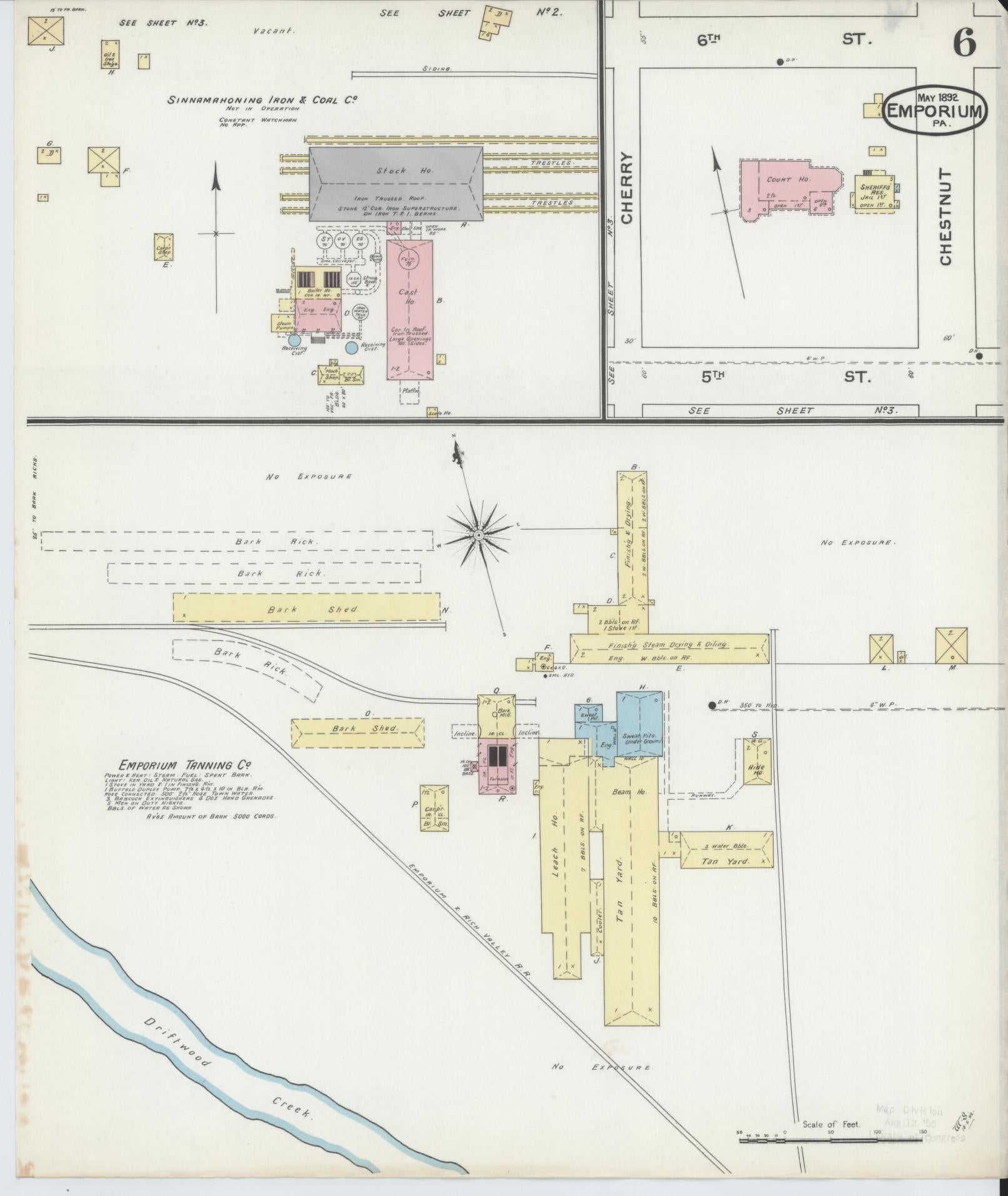 Sanborn Fire Insurance Map from Emporium, Cameron County, Pennsylvania (1892), Sheet #0006 - Historic Sanborn Fire Insurance Map Print, vintage old map wall art, antique decor, genealogy gift, Pennsylvania Pennsylvania map