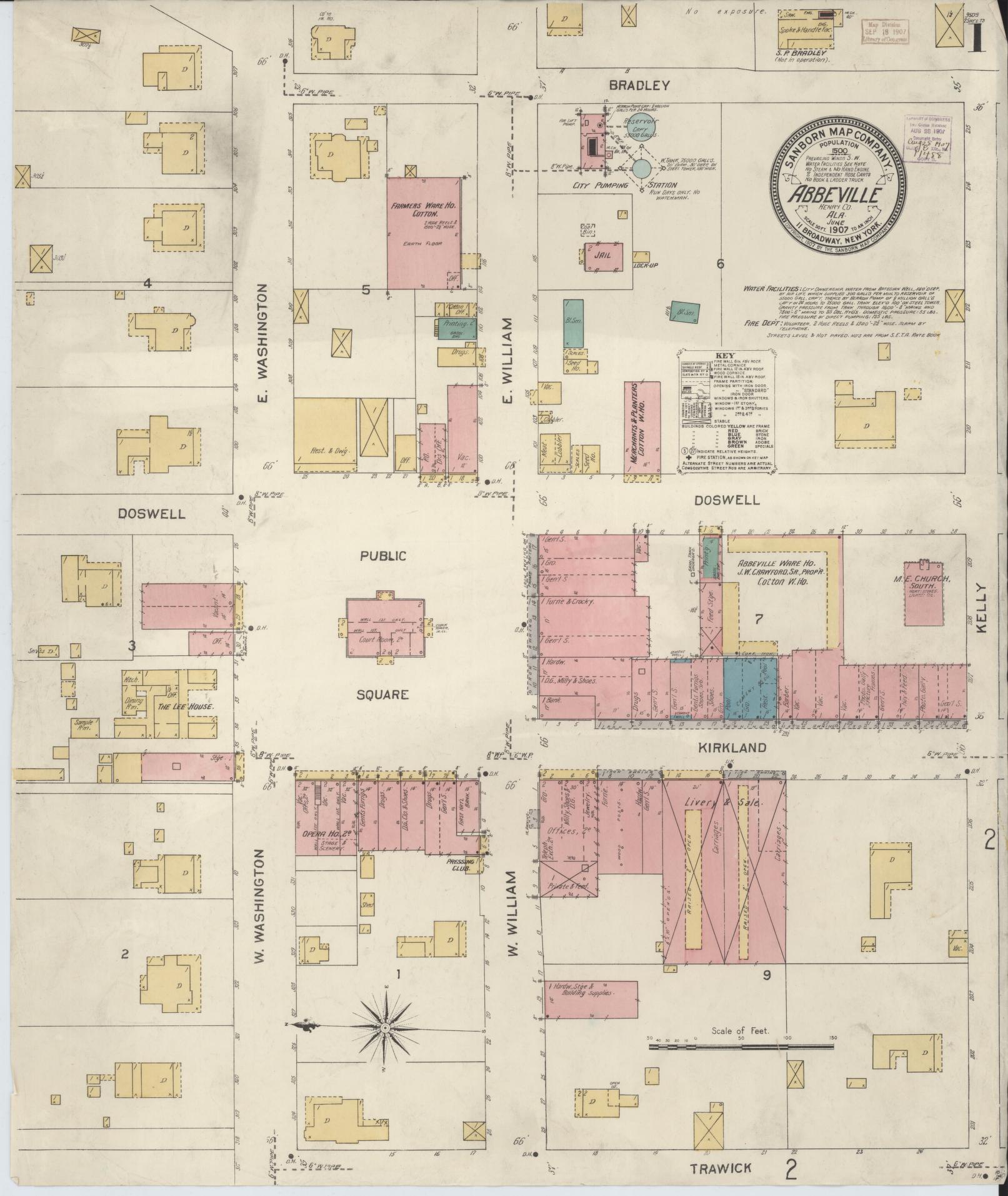 Sanborn Fire Insurance Map from Abbeville, Henry County, Alabama (1907), Sheet #0001 - Historic Sanborn Fire Insurance Map Print, vintage old map wall art, antique decor, genealogy gift, Alabama Alabama map