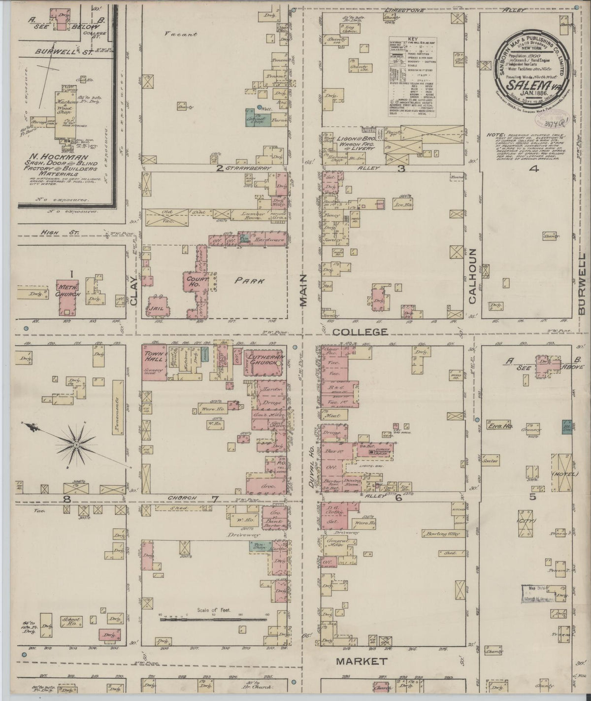 Sanborn Fire Insurance Map from Salem, Independent Cities, Virginia (1886), Sheet #0001 - Historic Sanborn Fire Insurance Map Print, vintage old map wall art, antique decor, genealogy gift, Virginia Virginia map