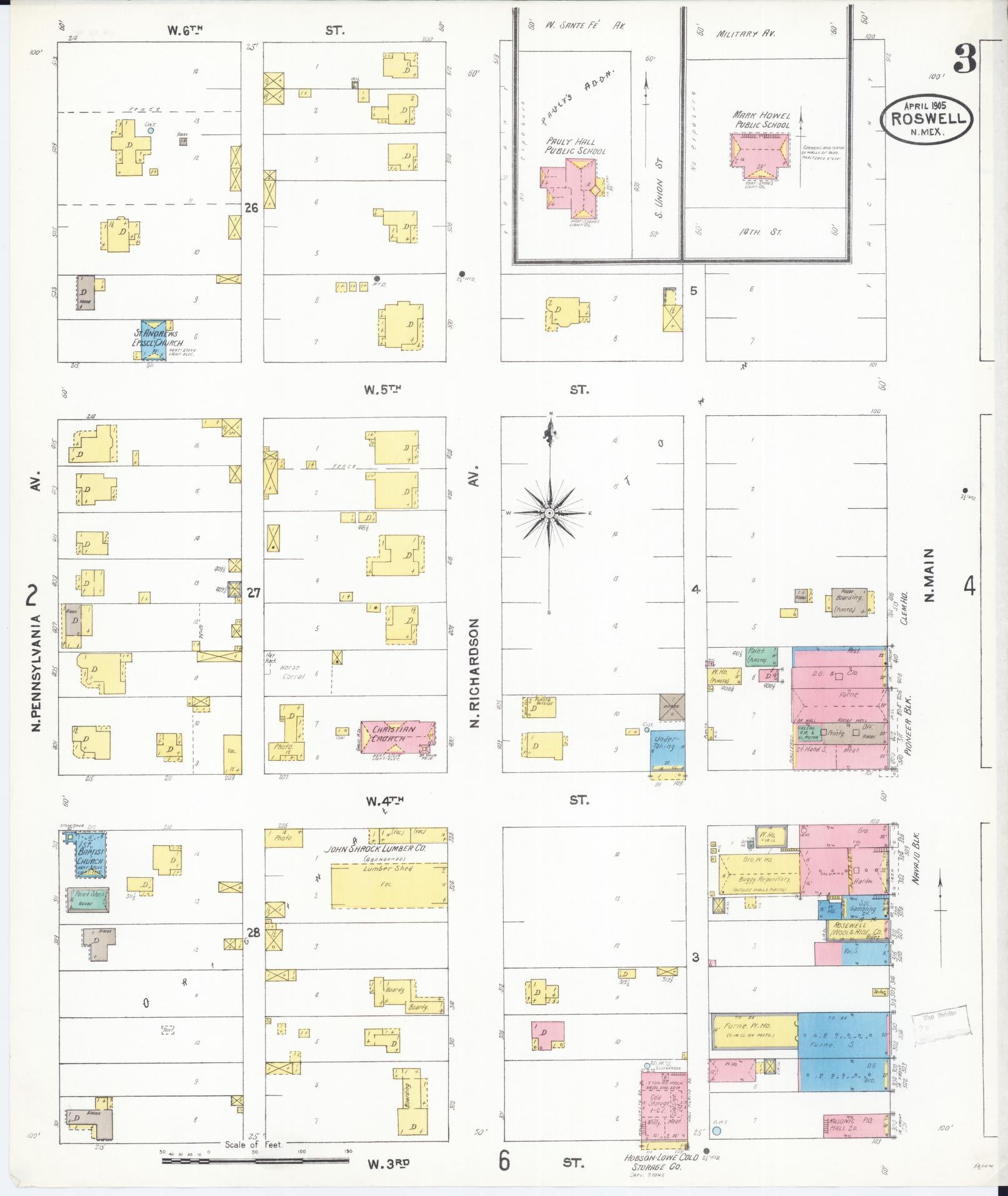 Sanborn Fire Insurance Map from Roswell, Chaves County, New Mexico (1905), Sheet #0003 - Historic Sanborn Fire Insurance Map Print, vintage old map wall art, antique decor, genealogy gift, New Mexico New Mexico map