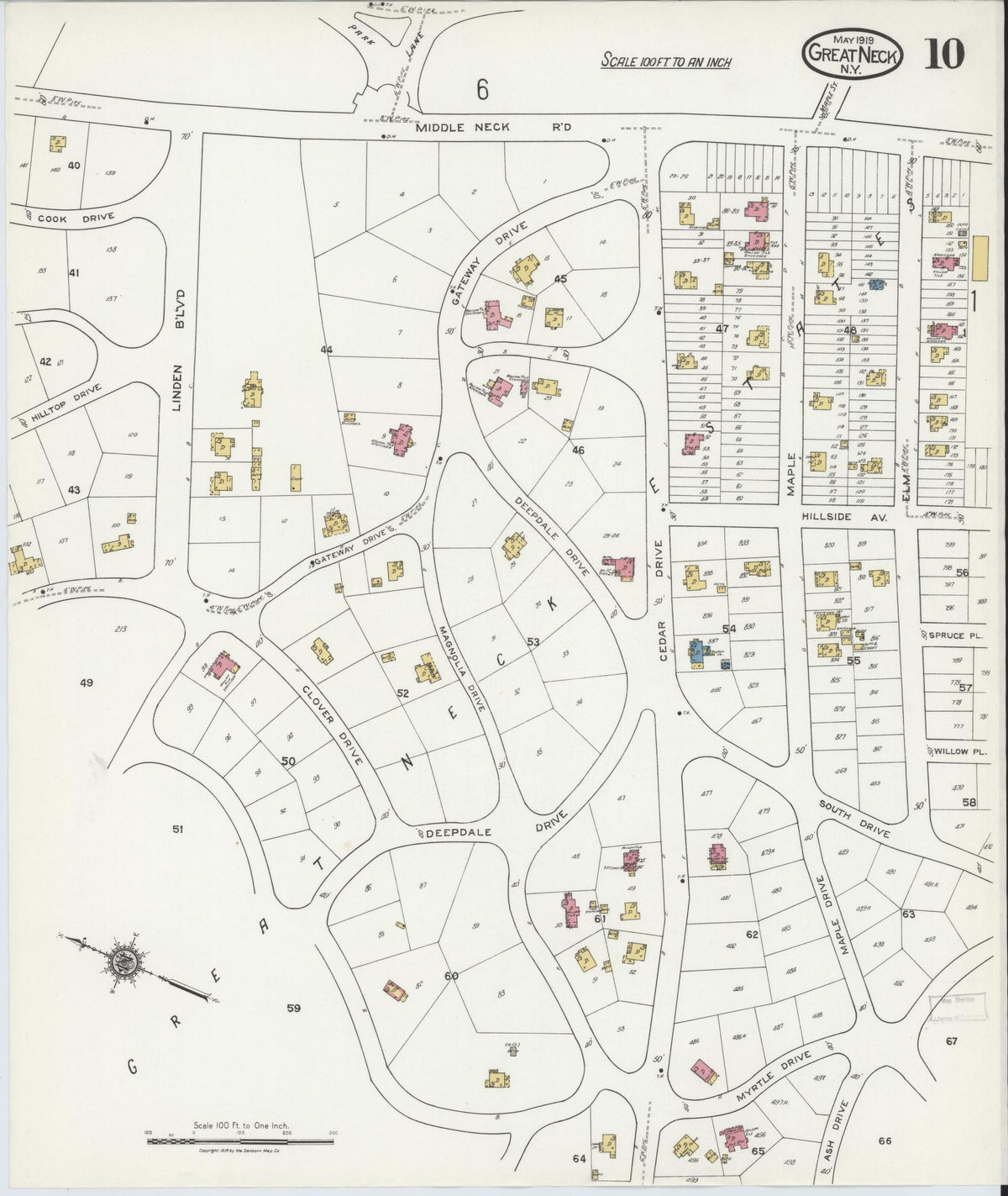 Sanborn Fire Insurance Map from Great Neck, Nassau County, New York (1919), Sheet #0010 - Historic Sanborn Fire Insurance Map Print, vintage old map wall art, antique decor, genealogy gift, New York New York map
