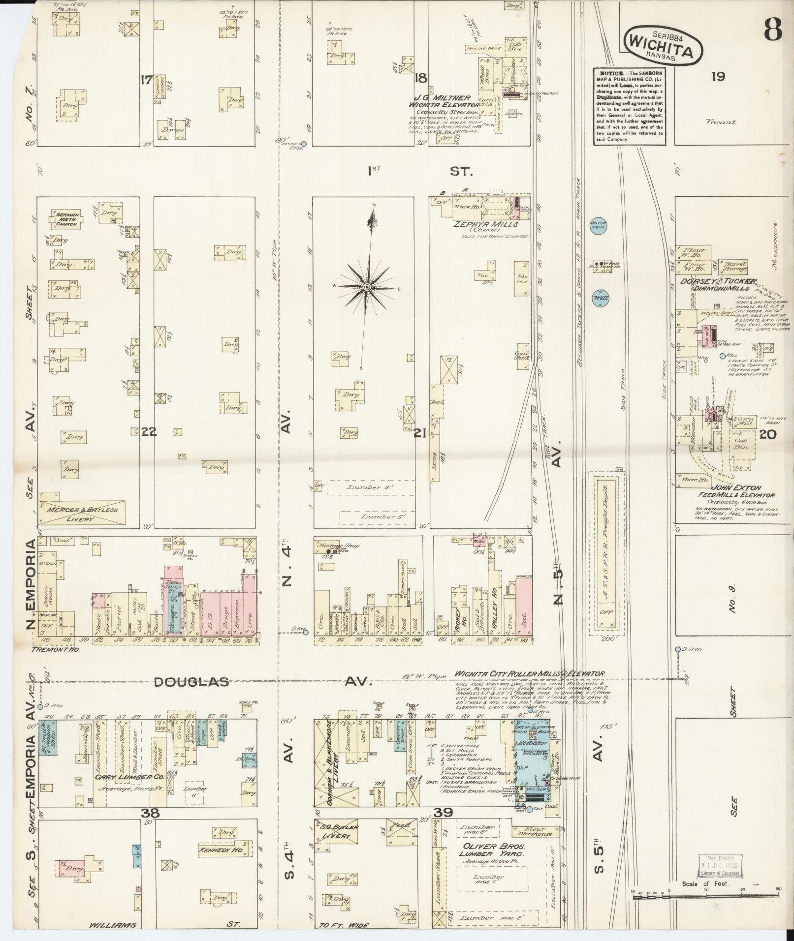 Sanborn Fire Insurance Map from Wichita, Sedgwick County, Kansas (1884), Sheet #0008 - Complete Map Set gallery image, historic Sanborn map, vintage wall art, Kansas Kansas