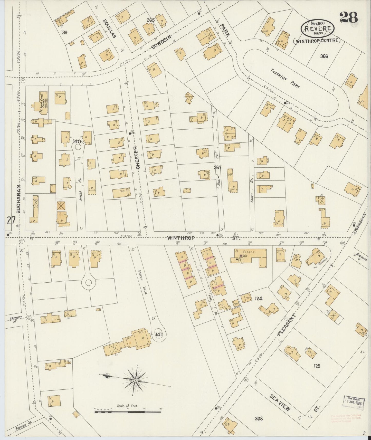 Sanborn Fire Insurance Map from Revere, Suffolk County, Massachusetts (1900), Sheet #0028 - Historic Sanborn Fire Insurance Map Print, vintage old map wall art, antique decor, genealogy gift, Massachusetts Massachusetts map