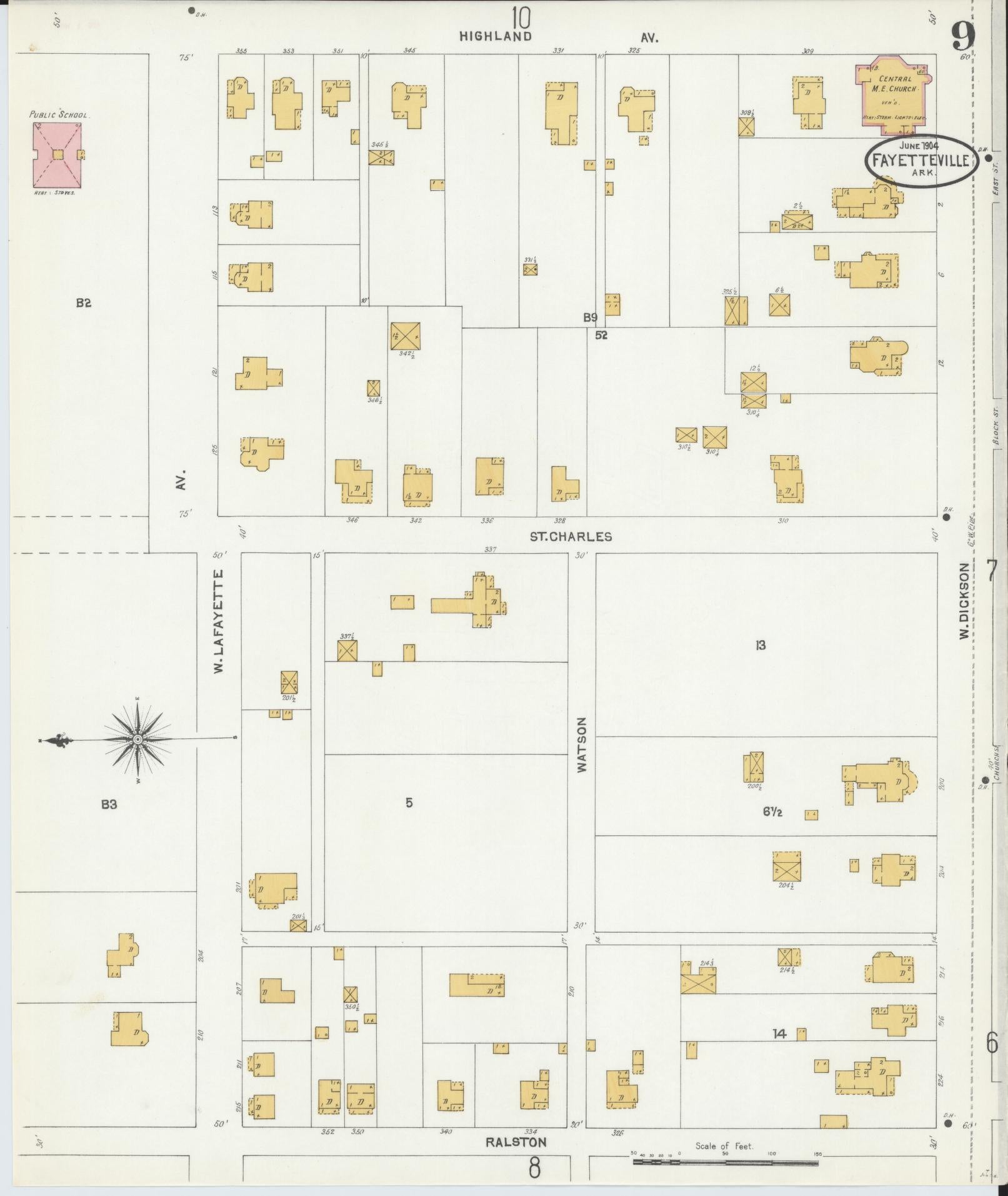 Sanborn Fire Insurance Map from Fayetteville, Washington County, Arkansas (1904), Sheet #0009 - Historic Sanborn Fire Insurance Map Print, vintage old map wall art, antique decor, genealogy gift, Arkansas Arkansas map