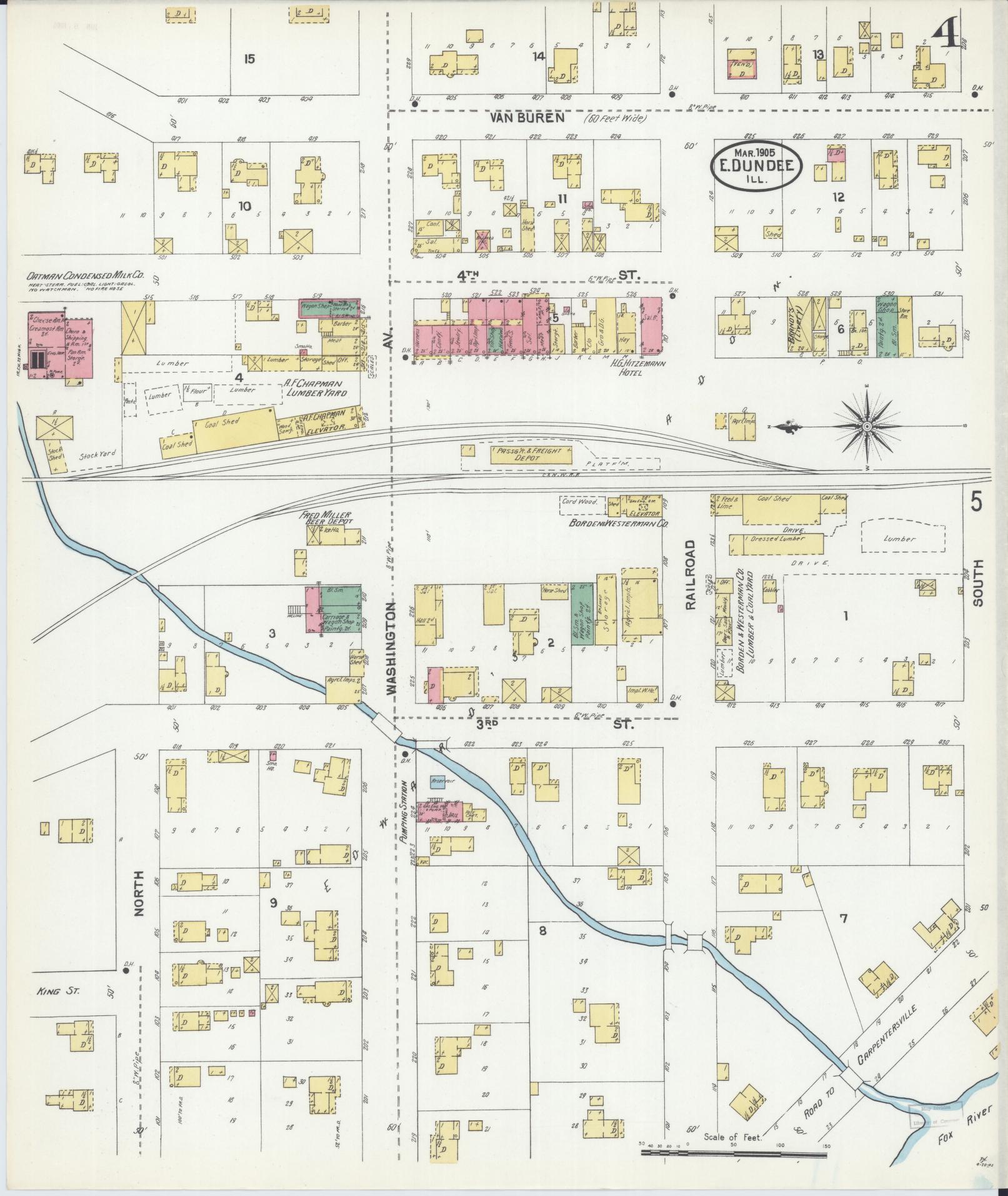 Sanborn Fire Insurance Map from Dundee, Kane County, Illinois (1905), Sheet #0004 - Historic Sanborn Fire Insurance Map Print, vintage old map wall art, antique decor, genealogy gift, Illinois Illinois map