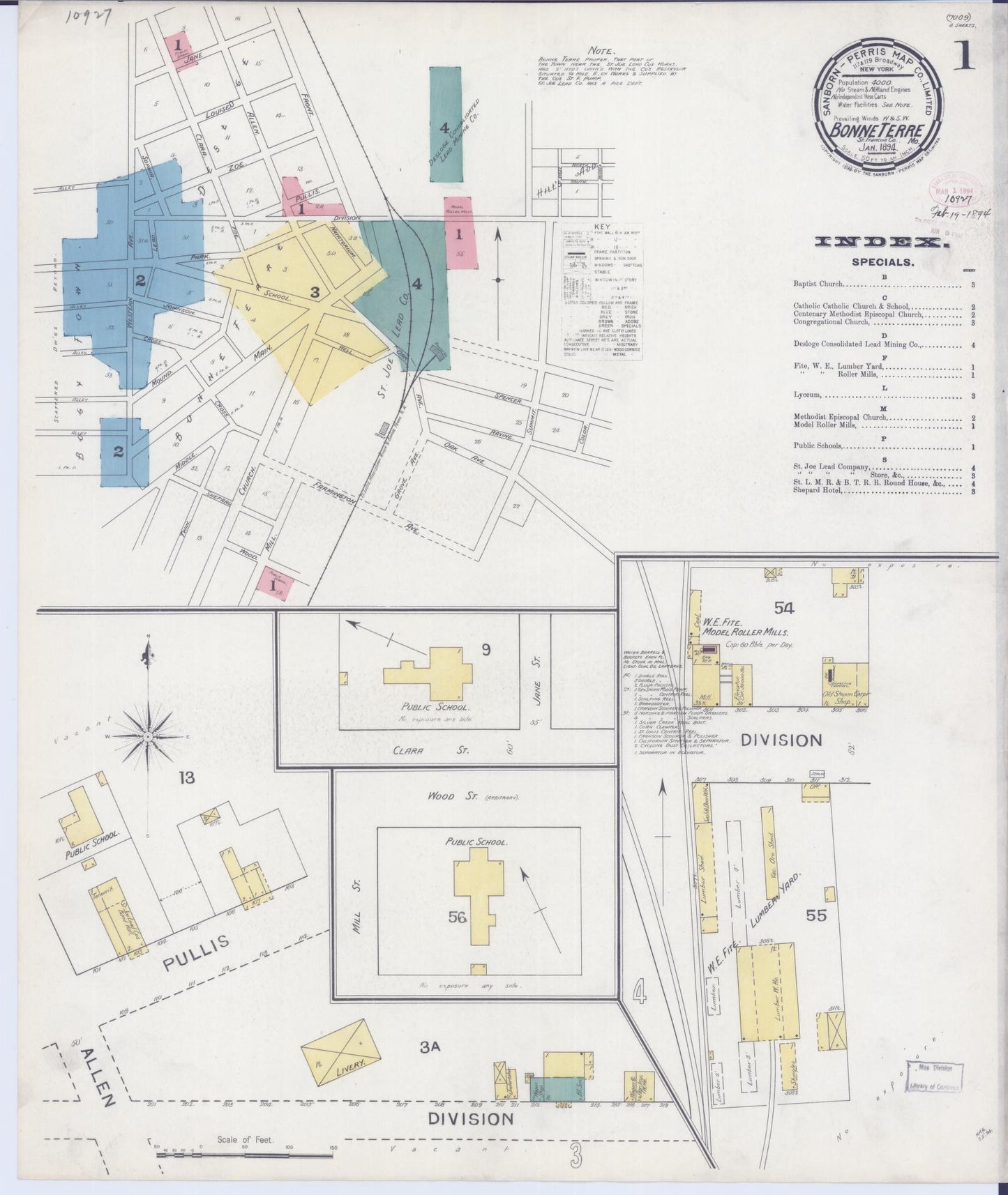 Sanborn Fire Insurance Map from Bonne Terre, Saint Francois County, Missouri (1894), Sheet #0001 - Historic Sanborn Fire Insurance Map Print, vintage old map wall art, antique decor, genealogy gift, Missouri Missouri map