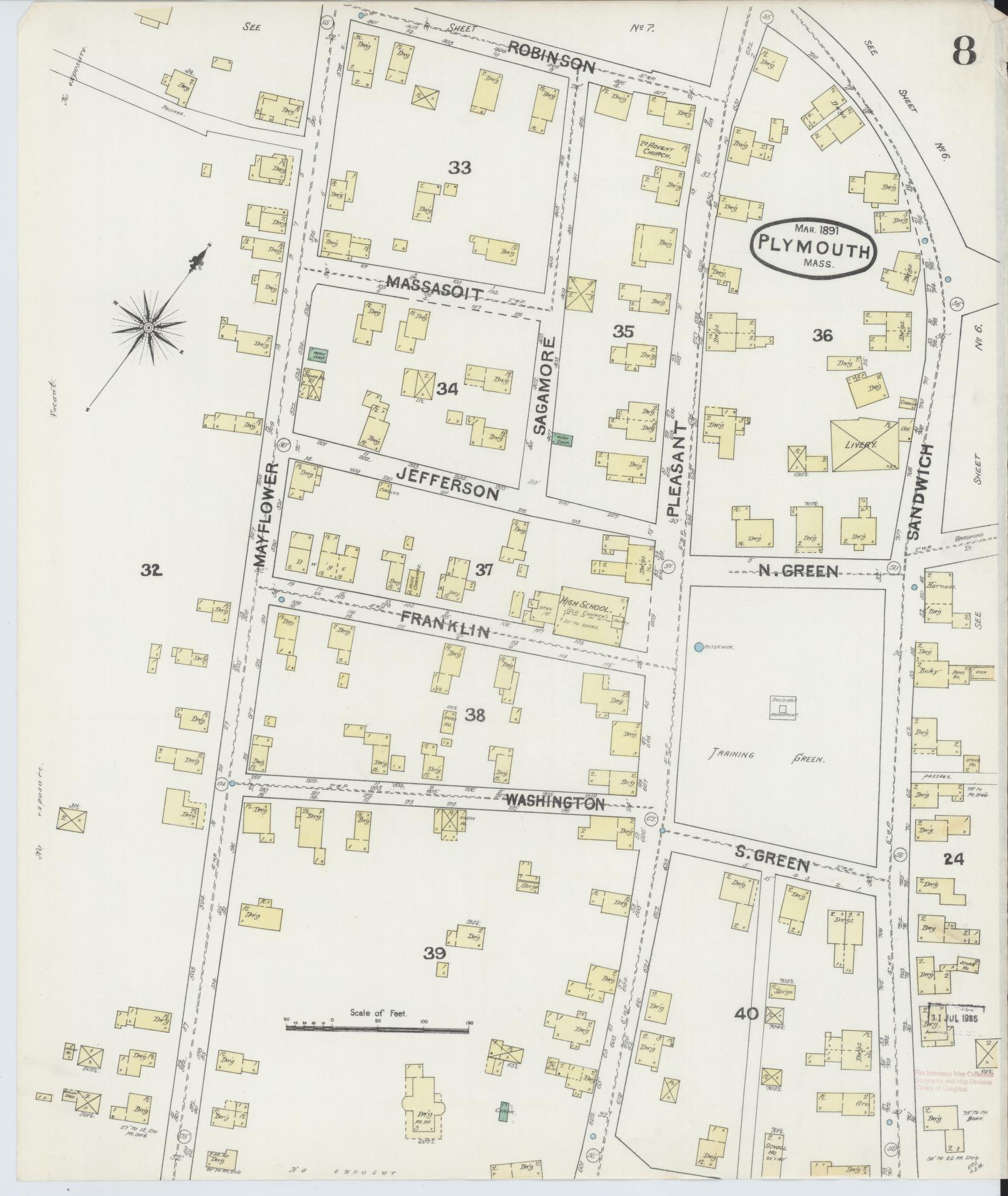Sanborn Fire Insurance Map from Plymouth, Plymouth County, Massachusetts (1891), Sheet #0008 - Historic Sanborn Fire Insurance Map Print, vintage old map wall art, antique decor, genealogy gift, Massachusetts Massachusetts map
