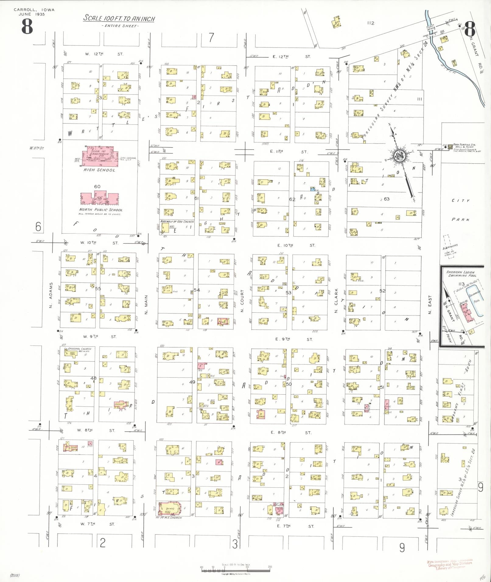 Sanborn Fire Insurance Map from Carroll, Carroll County, Iowa (1935), Sheet #0008 - Historic Sanborn Fire Insurance Map Print, vintage old map wall art