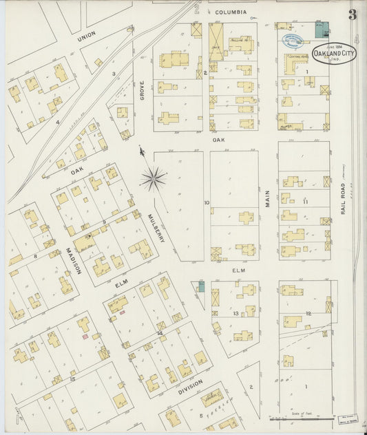 Sanborn Fire Insurance Map from Oakland City, Gibson County, Indiana (1894), Sheet #0003 - Historic Sanborn Fire Insurance Map Print, vintage old map wall art, antique decor, genealogy gift, Indiana Indiana map
