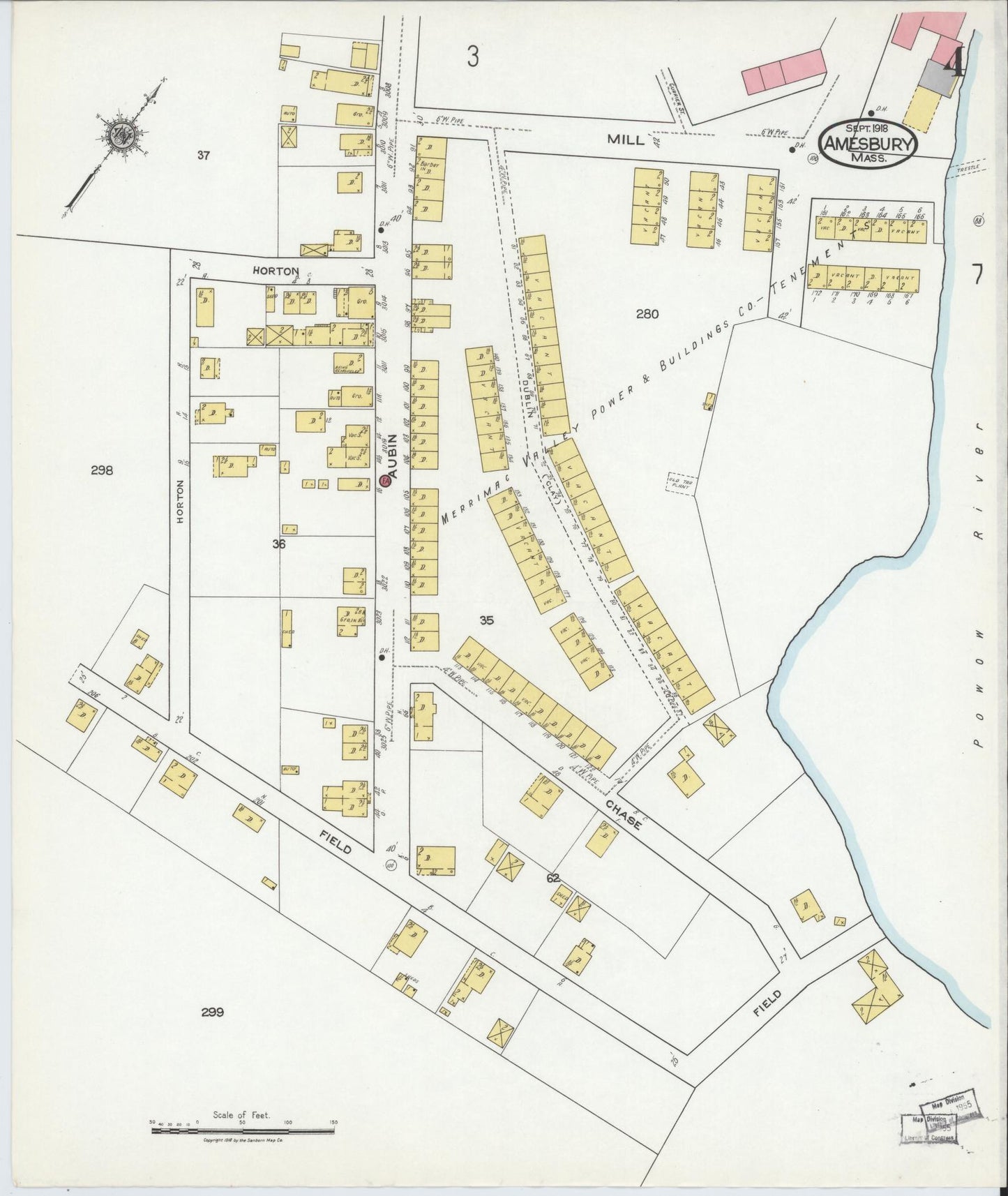 Sanborn Fire Insurance Map from Amesbury, Essex County, Massachusetts (1918), Sheet #0004 - Historic Sanborn Fire Insurance Map Print, vintage old map wall art, antique decor, genealogy gift, Massachusetts Massachusetts map