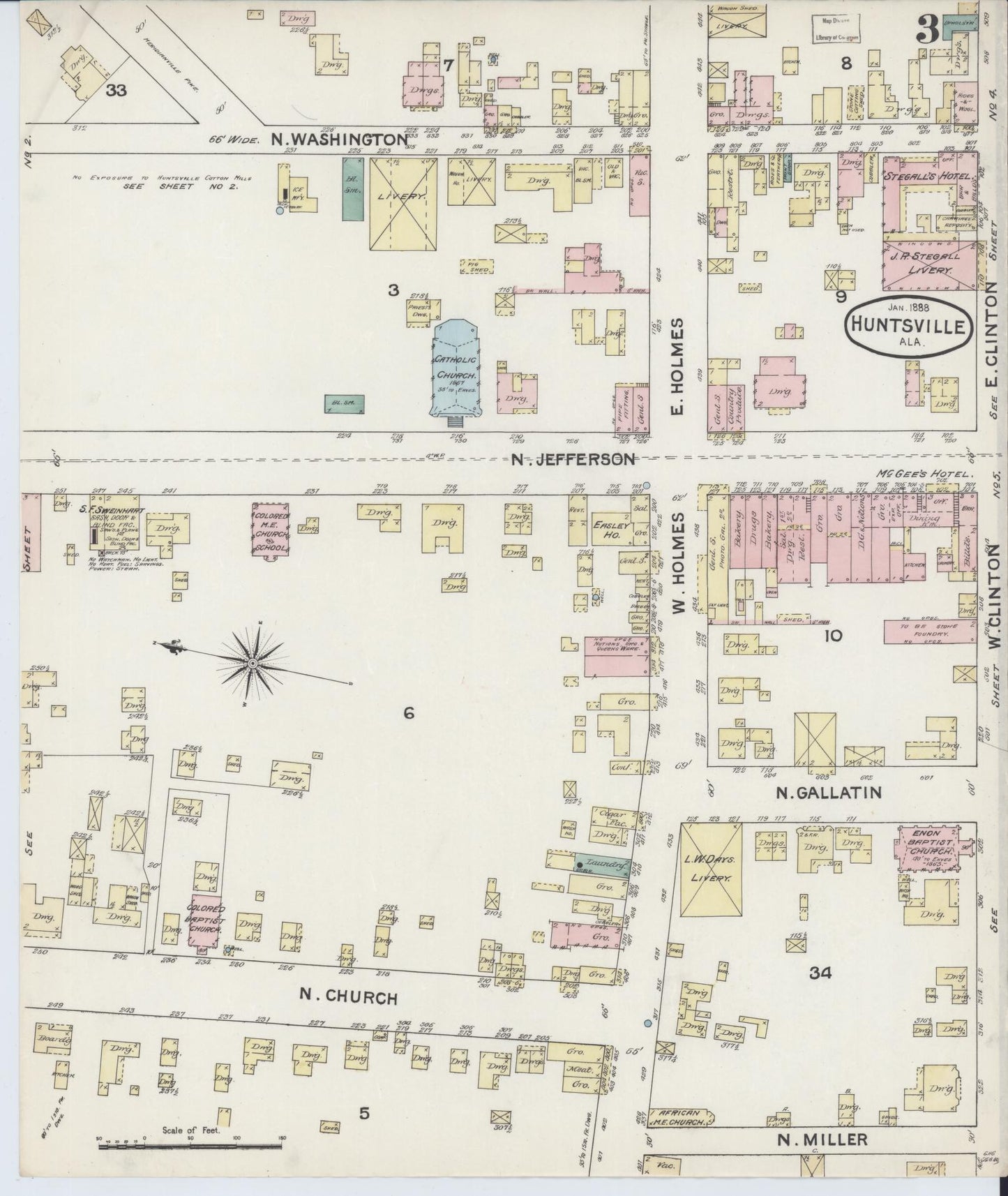 Sanborn Fire Insurance Map from Huntsville, Madison County, Alabama (1888), Sheet #0003 - Complete Map Set gallery image, historic Sanborn map, vintage wall art, Alabama Alabama