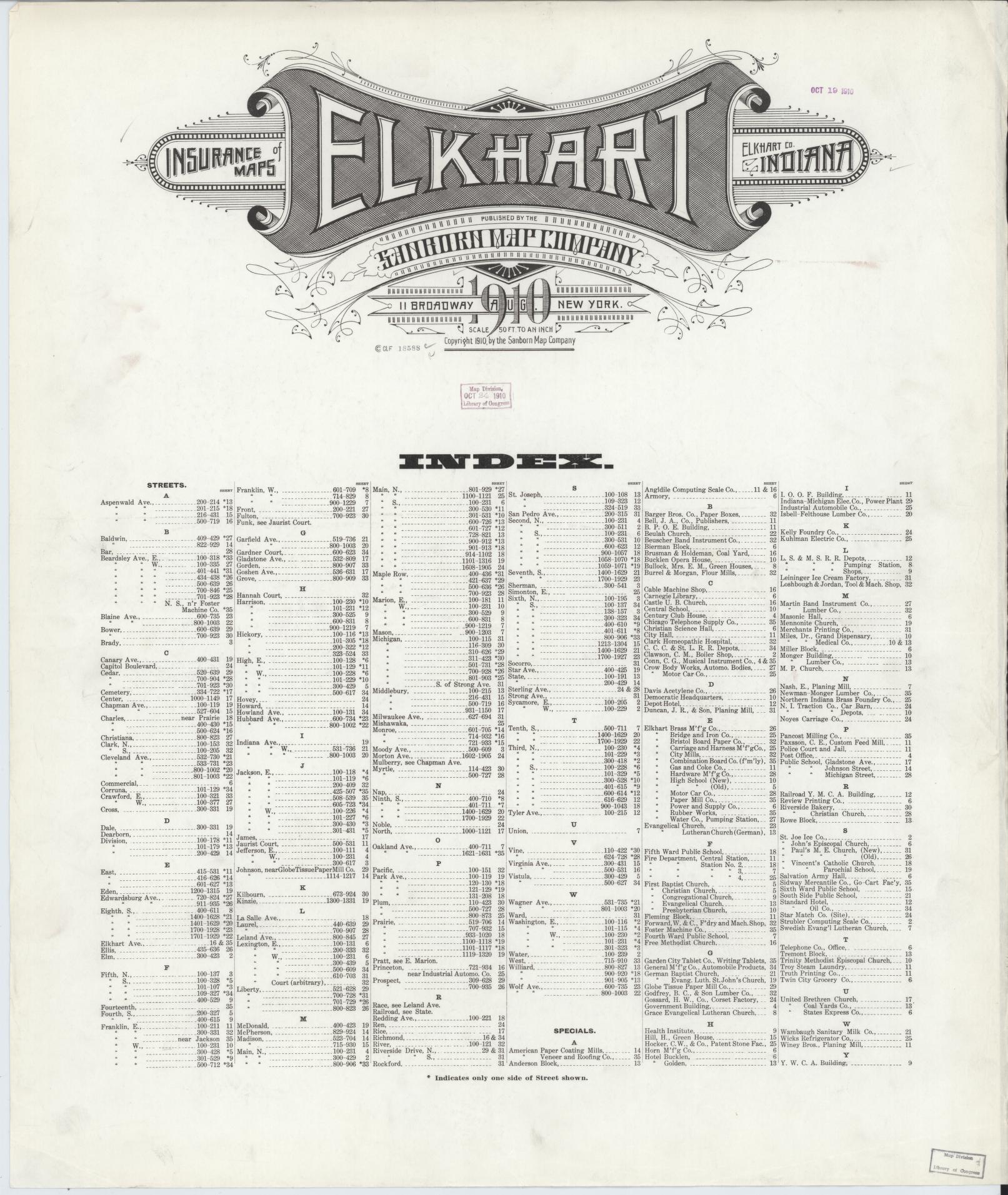 Sanborn Fire Insurance Map from Elkhart, Elkhart County, Indiana (1910), Sheet #0001 - Historic Sanborn Fire Insurance Map Print, vintage old map wall art, antique decor, genealogy gift, Indiana Indiana map