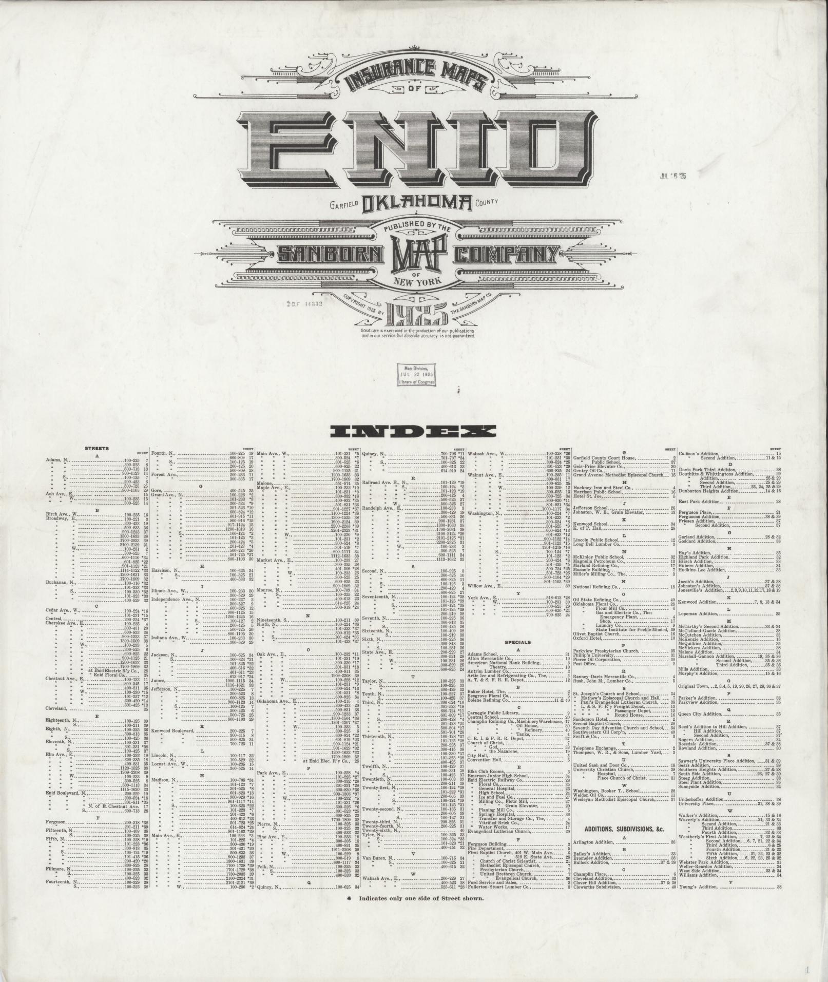 Sanborn Fire Insurance Map from Enid, Garfield County, Oklahoma (1925), Sheet #0001 - Historic Sanborn Fire Insurance Map Print, vintage old map wall art, antique decor, genealogy gift, Oklahoma Oklahoma map
