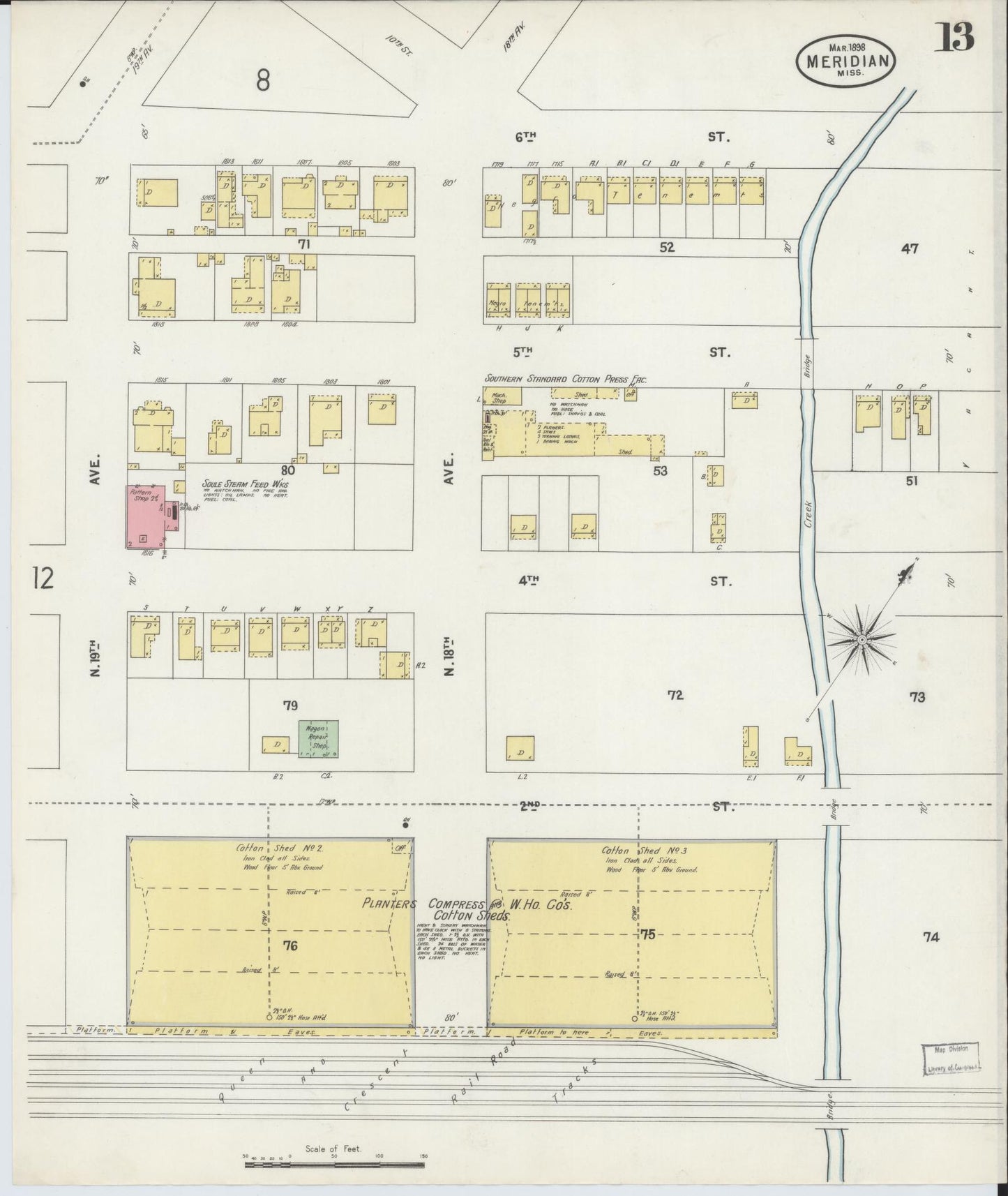 Sanborn Fire Insurance Map from Meridian, Lauderdale County, Mississippi (1898), Sheet #0013 - Complete Map Set gallery image, historic Sanborn map, vintage wall art, Mississippi Mississippi