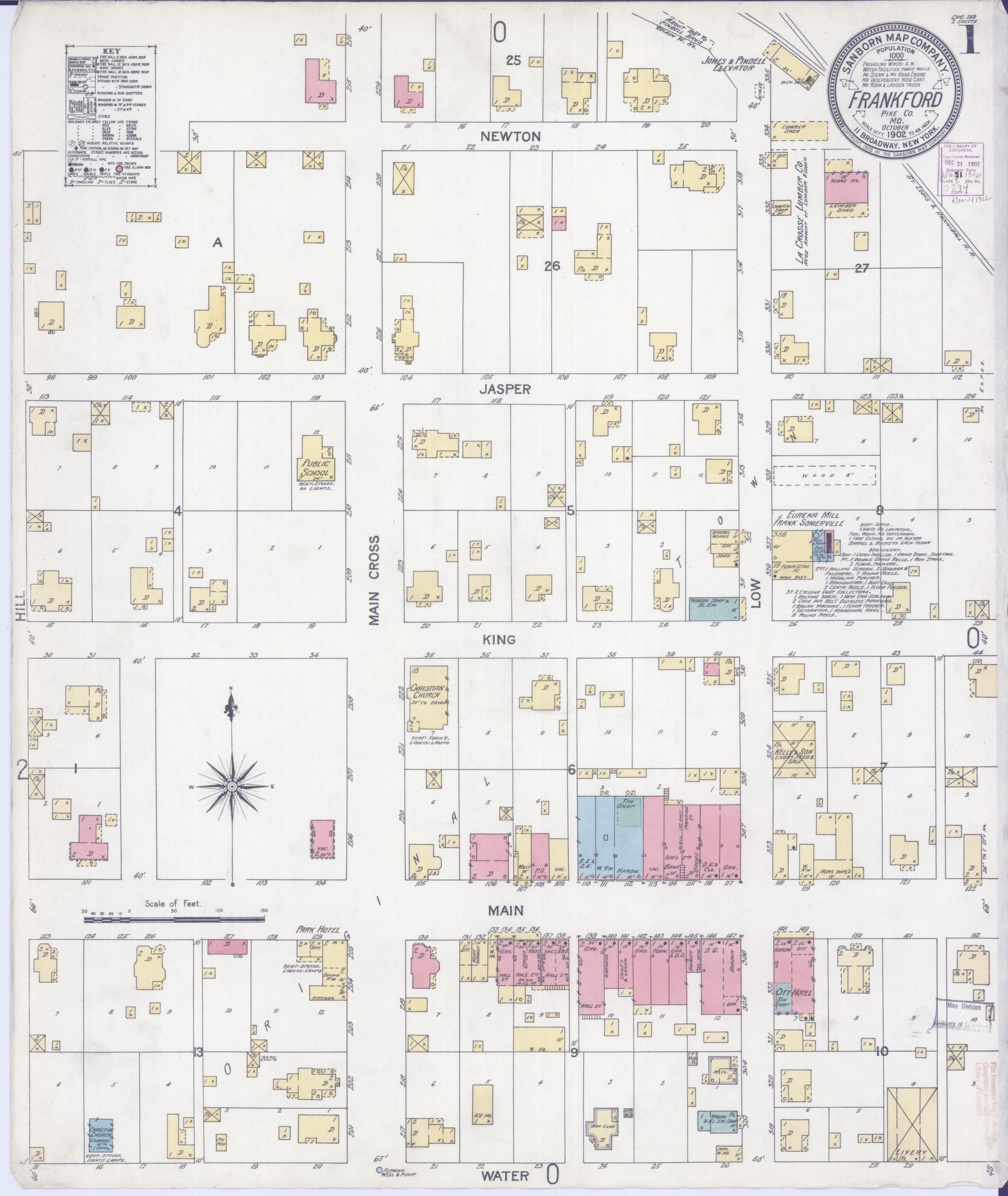 Sanborn Fire Insurance Map from Frankford, Pike County, Missouri (1902), Sheet #0001 - Historic Sanborn Fire Insurance Map Print, vintage old map wall art, antique decor, genealogy gift, Missouri Missouri map