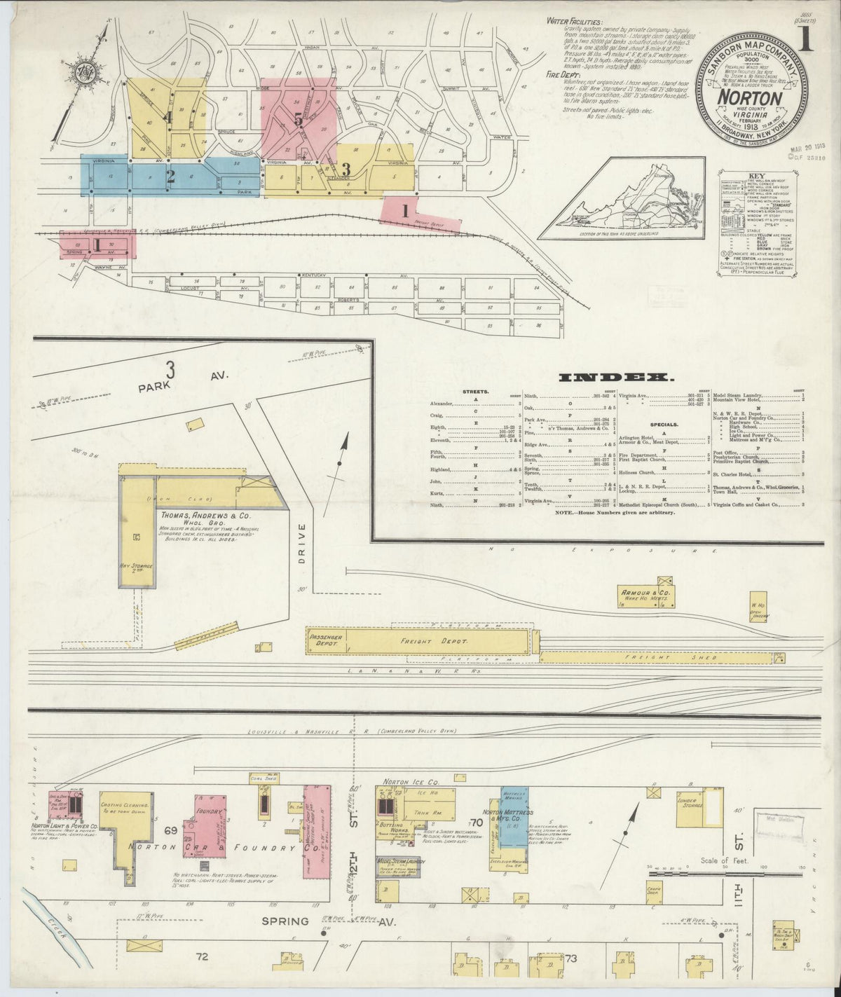 Sanborn Fire Insurance Map from Norton, Independent Cities, Virginia (1913), Sheet #0001 - Historic Sanborn Fire Insurance Map Print, vintage old map wall art, antique decor, genealogy gift, Virginia Virginia map