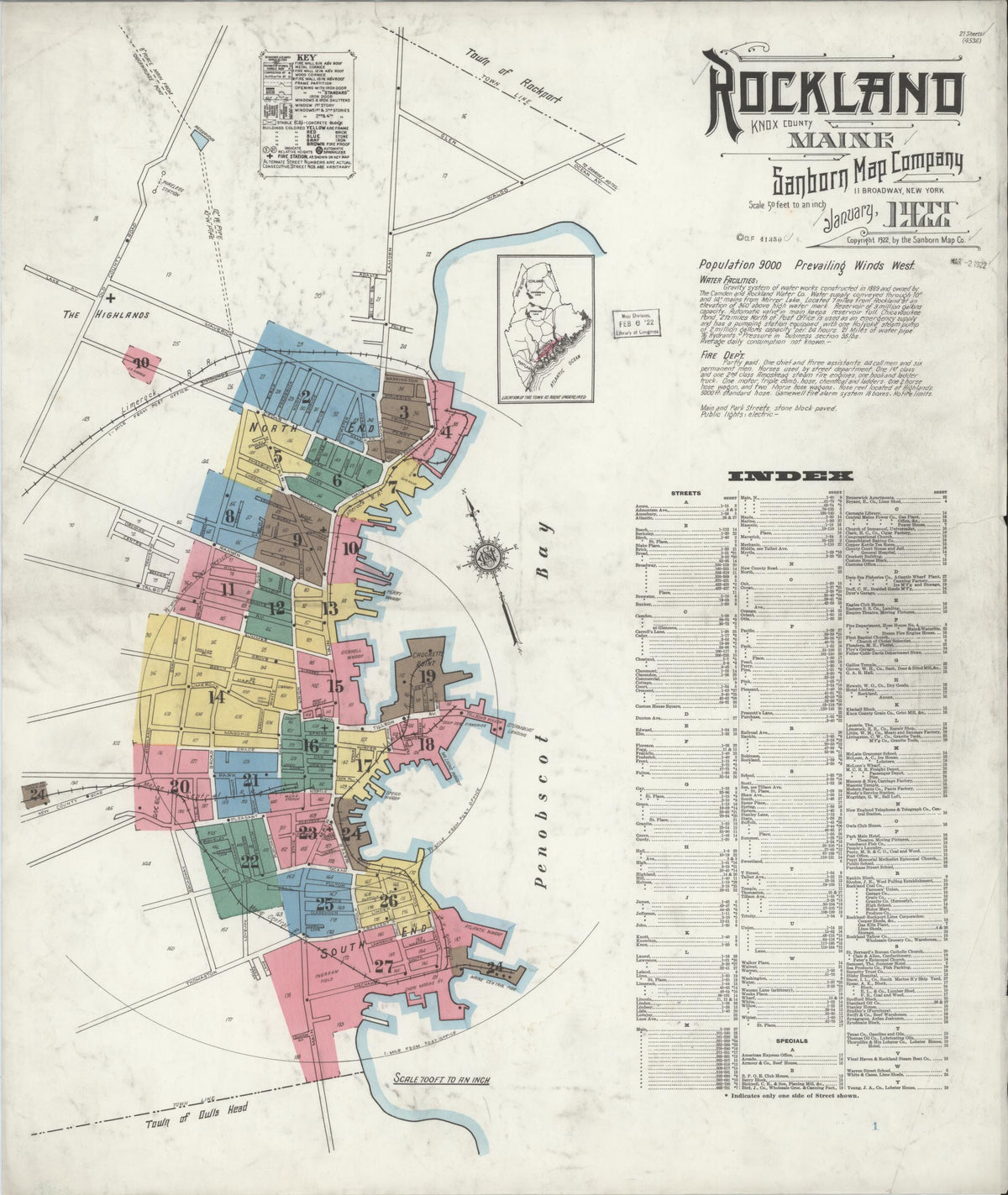 Sanborn Fire Insurance Map from Rockland, Knox County, Maine (1922), Sheet #0001 - Complete Map Set gallery image, historic Sanborn map, vintage wall art, Maine Maine