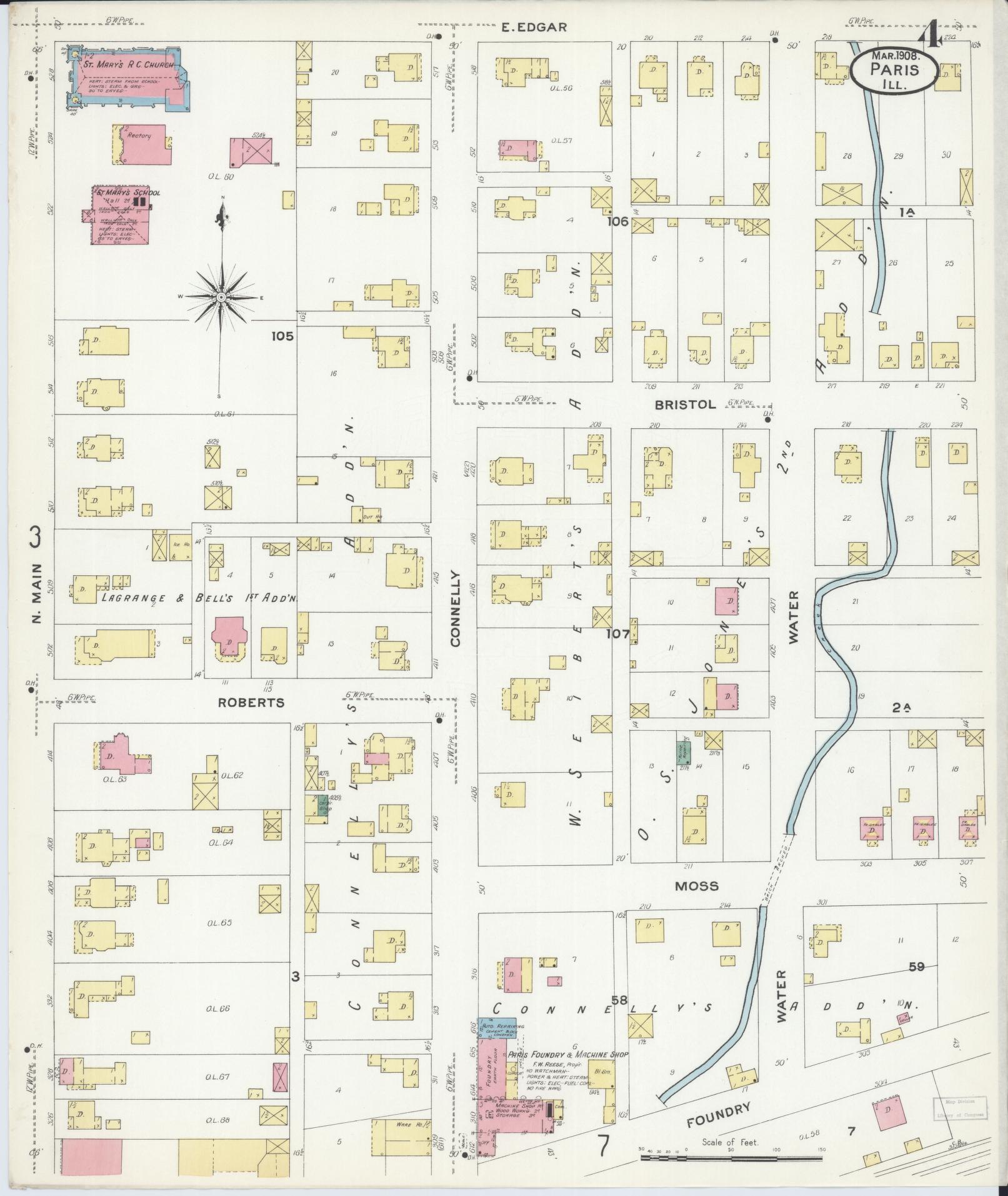 Sanborn Fire Insurance Map from Paris, Edgar County, Illinois (1908), Sheet #0004 - Historic Sanborn Fire Insurance Map Print, vintage old map wall art, antique decor, genealogy gift, Illinois Illinois map