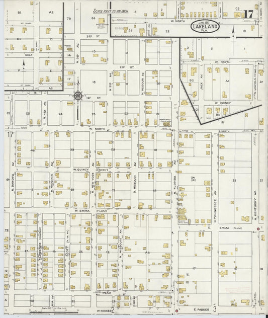 Sanborn Fire Insurance Map from Lakeland, Polk County, Florida (1917), Sheet #0017 - Historic Sanborn Fire Insurance Map Print, vintage old map wall art, antique decor, genealogy gift, Florida Florida map