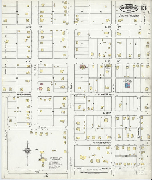 Sanborn Fire Insurance Map from Weatherford, Parker County, Texas (1921), Sheet #0013 - Historic Sanborn Fire Insurance Map Print, vintage old map wall art, antique decor, genealogy gift, Texas Texas map