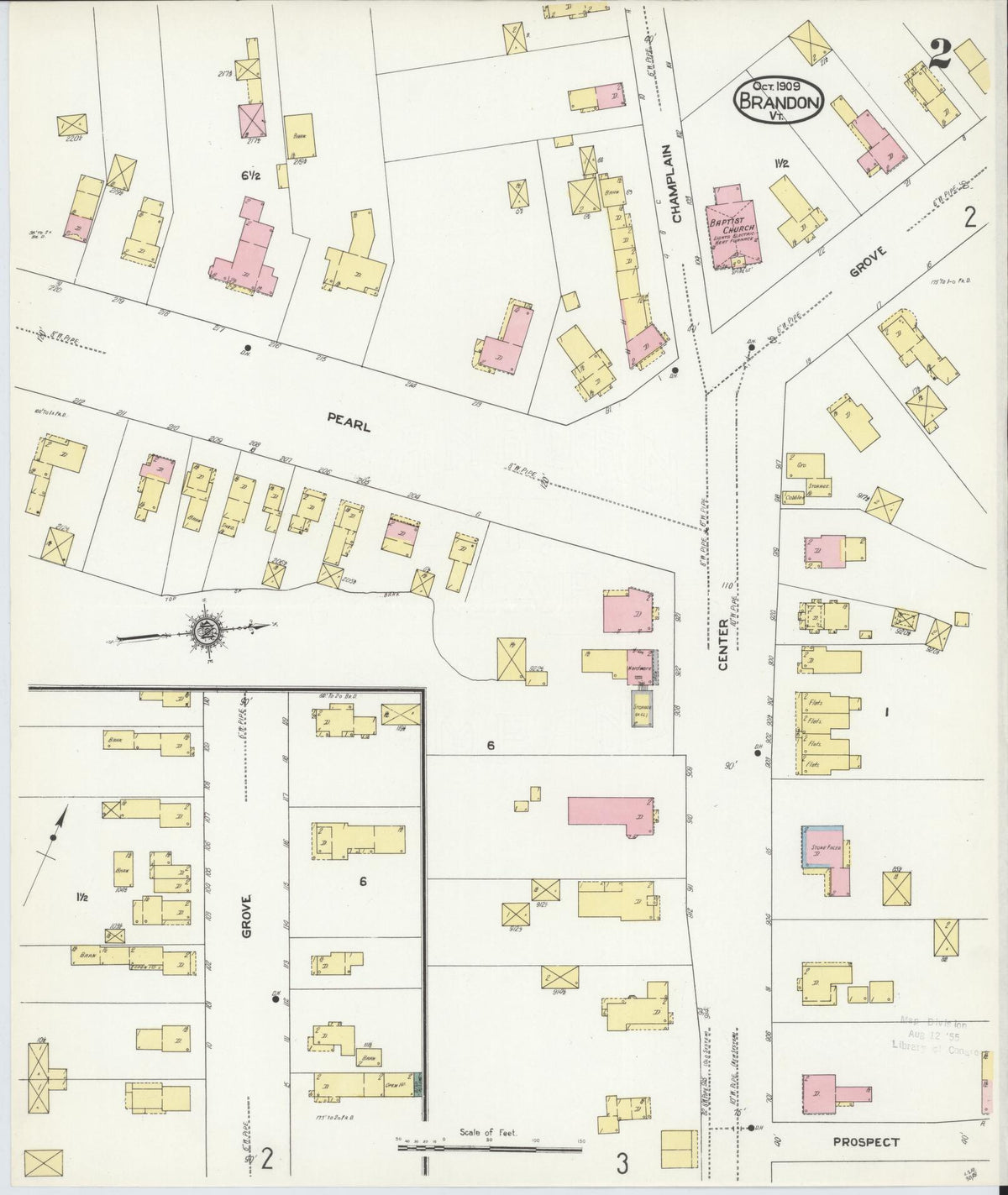 Sanborn Fire Insurance Map from Brandon, Rutland County, Vermont (1909), Sheet #0002 - Historic Sanborn Fire Insurance Map Print, vintage old map wall art, antique decor, genealogy gift, Vermont Vermont map