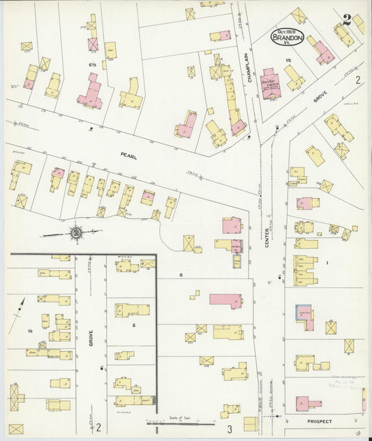 Sanborn Fire Insurance Map from Brandon, Rutland County, Vermont (1909), Sheet #0002 - Historic Sanborn Fire Insurance Map Print, vintage old map wall art, antique decor, genealogy gift, Vermont Vermont map